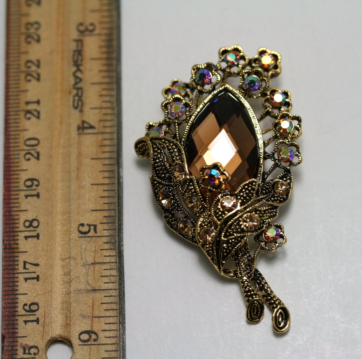 Vintage Flower Brooch - 3D Amber Rhinestone Flower Cluster Brooch Pin W Antique Gold TONE!