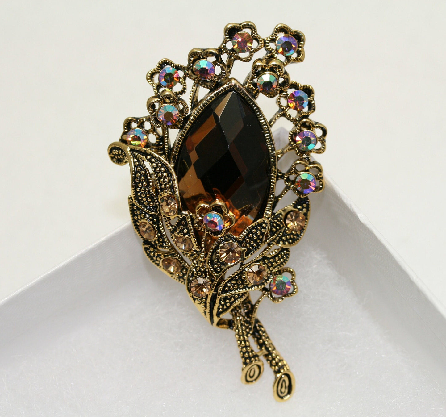 Vintage Flower Brooch - 3D Amber Rhinestone Flower Cluster Brooch Pin W Antique Gold TONE!