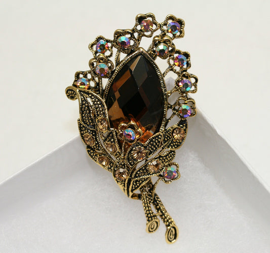 Vintage Flower Brooch - 3D Amber Rhinestone Flower Cluster Brooch Pin W Antique Gold TONE!