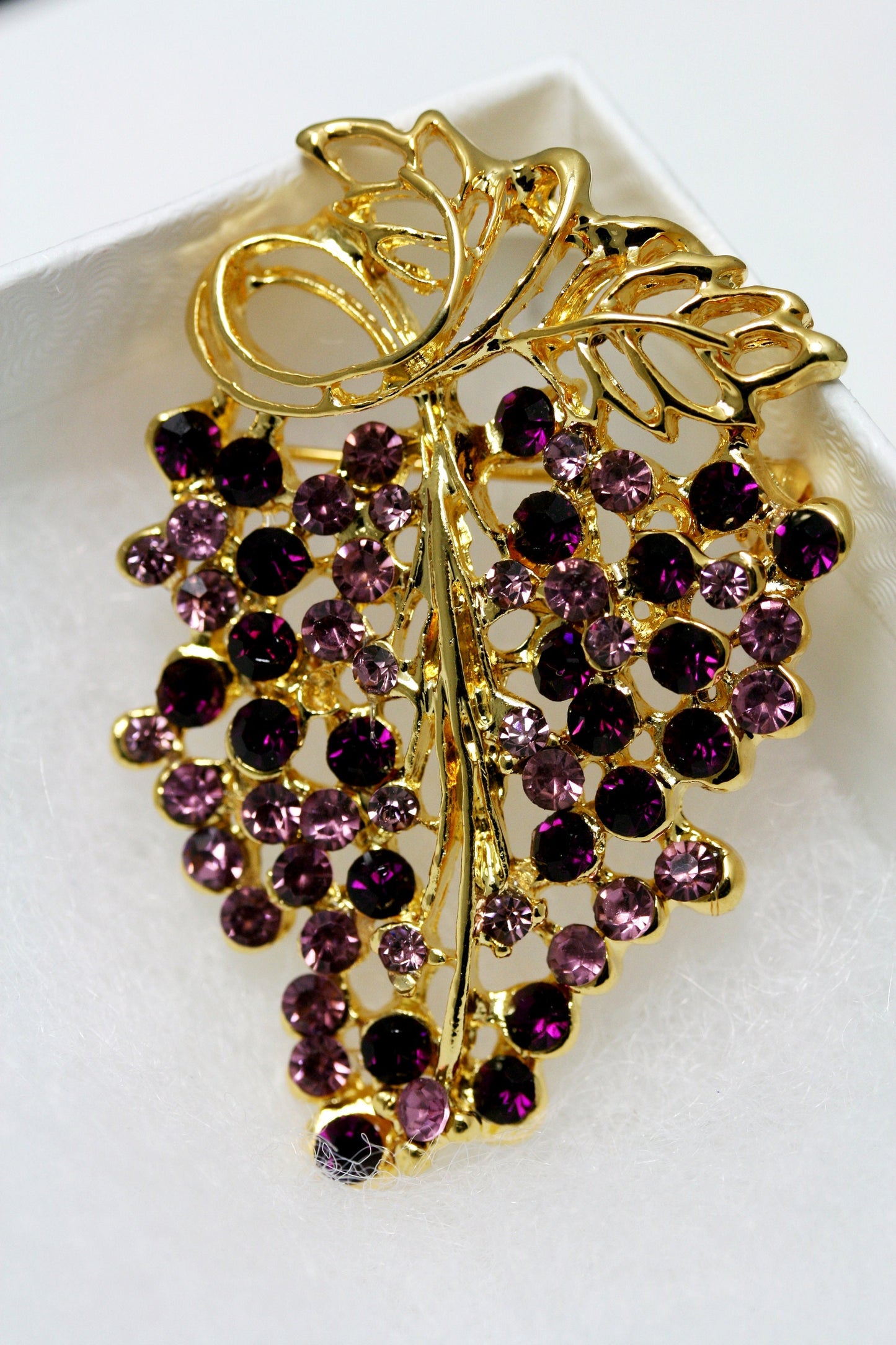 Vintage Grapes on Vine Brooch Pin Gold Tone Purple Rhinestone Grapes Statement Brooch