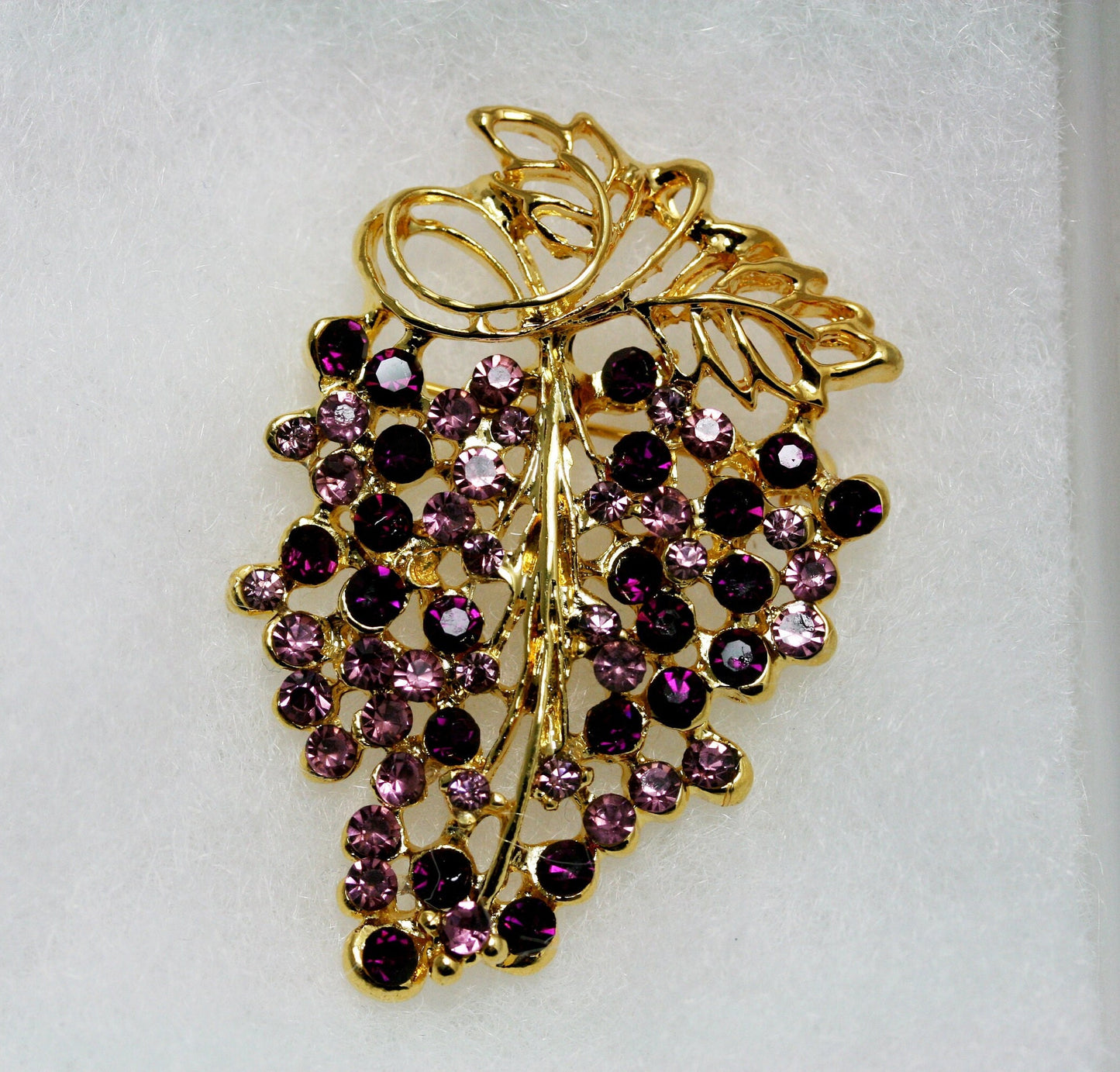 Vintage Grapes on Vine Brooch Pin Gold Tone Purple Rhinestone Grapes Statement Brooch
