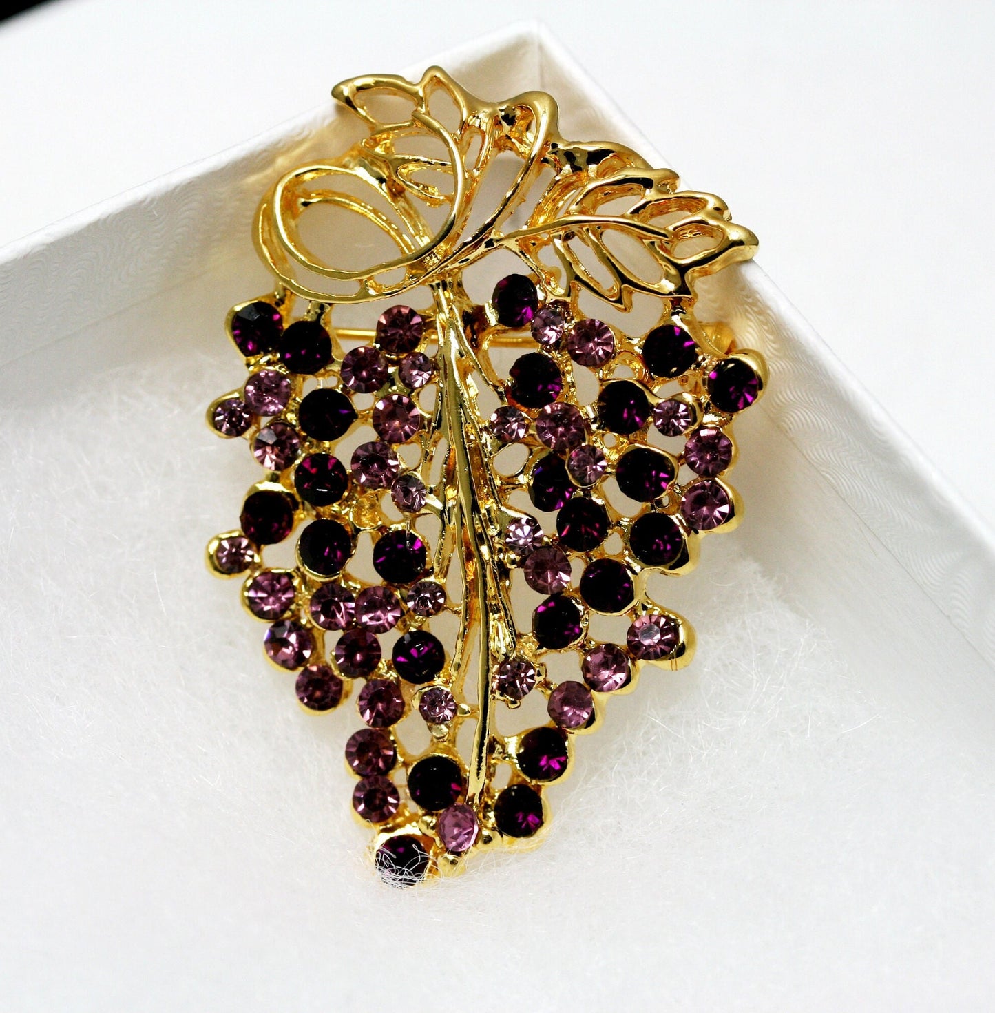 Vintage Grapes on Vine Brooch Pin Gold Tone Purple Rhinestone Grapes Statement Brooch