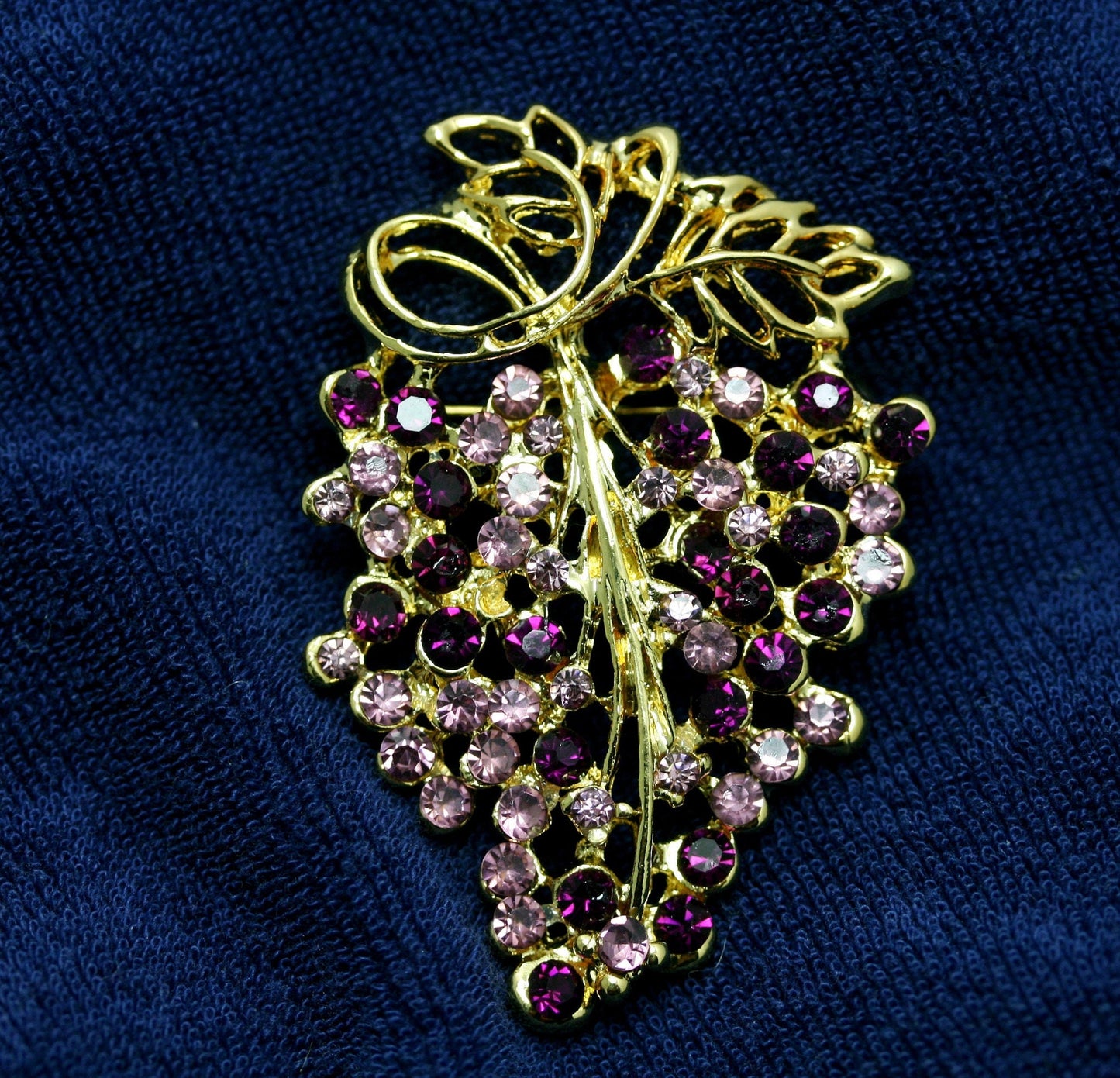 Vintage Grapes on Vine Brooch Pin Gold Tone Purple Rhinestone Grapes Statement Brooch