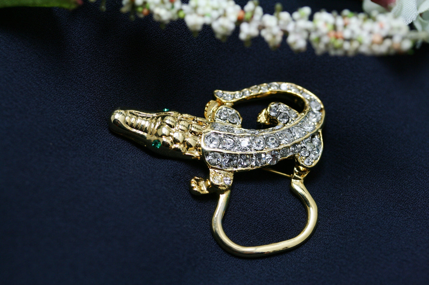 Vintage Jewelry Gold Tone and Rhinestone Alligator Pin Brooch, Eye Glasses Holder, Crocodile Brooch, Animal Brooch, Lizard Brooch