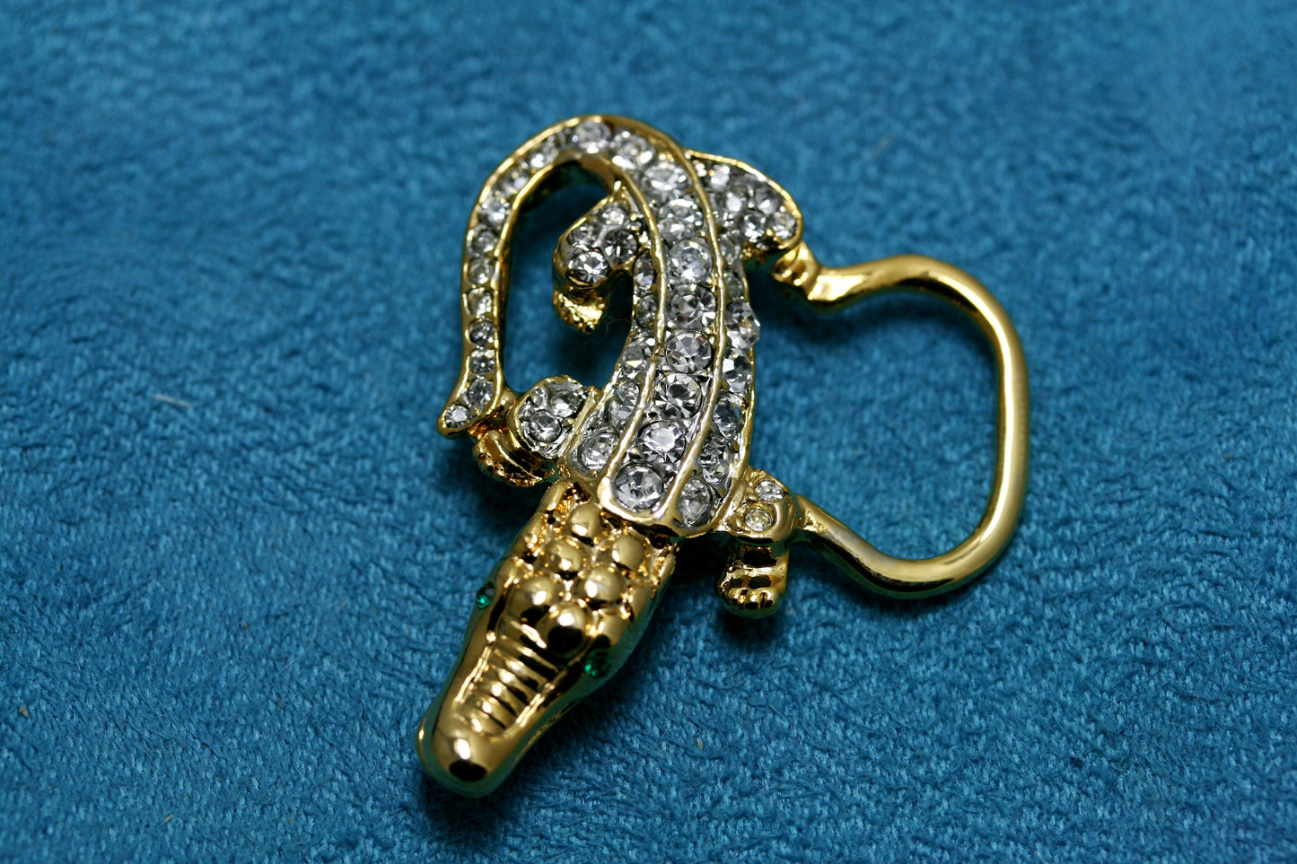 Vintage Jewelry Gold Tone and Rhinestone Alligator Pin Brooch, Eye Glasses Holder, Crocodile Brooch, Animal Brooch, Lizard Brooch