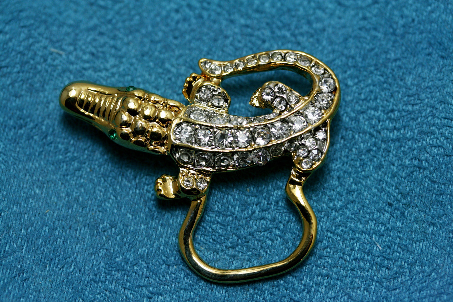 Vintage Jewelry Gold Tone and Rhinestone Alligator Pin Brooch, Eye Glasses Holder, Crocodile Brooch, Animal Brooch, Lizard Brooch