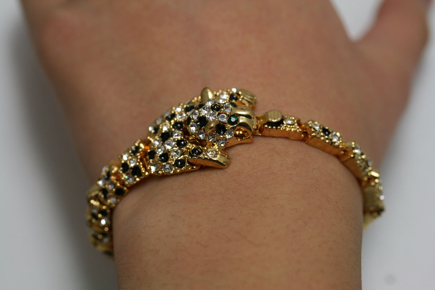 Rhinestone Leopard Slim Bracelet, Leopard Earrings Post, Black Enamel Clear Crystal Leopard Slim Bracelet for Women, Leopard Jewelry