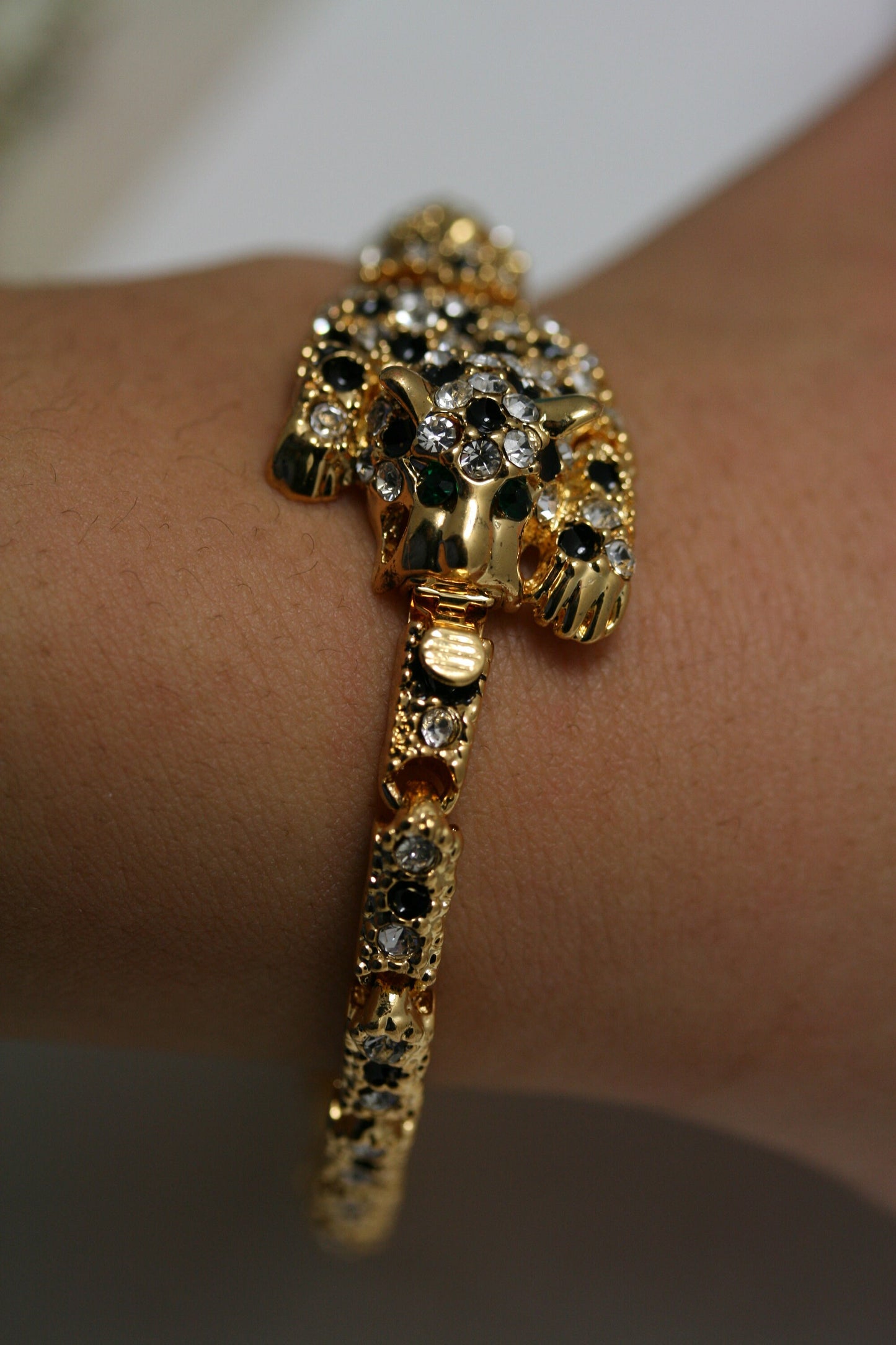 Rhinestone Leopard Slim Bracelet, Leopard Earrings Post, Black Enamel Clear Crystal Leopard Slim Bracelet for Women, Leopard Jewelry