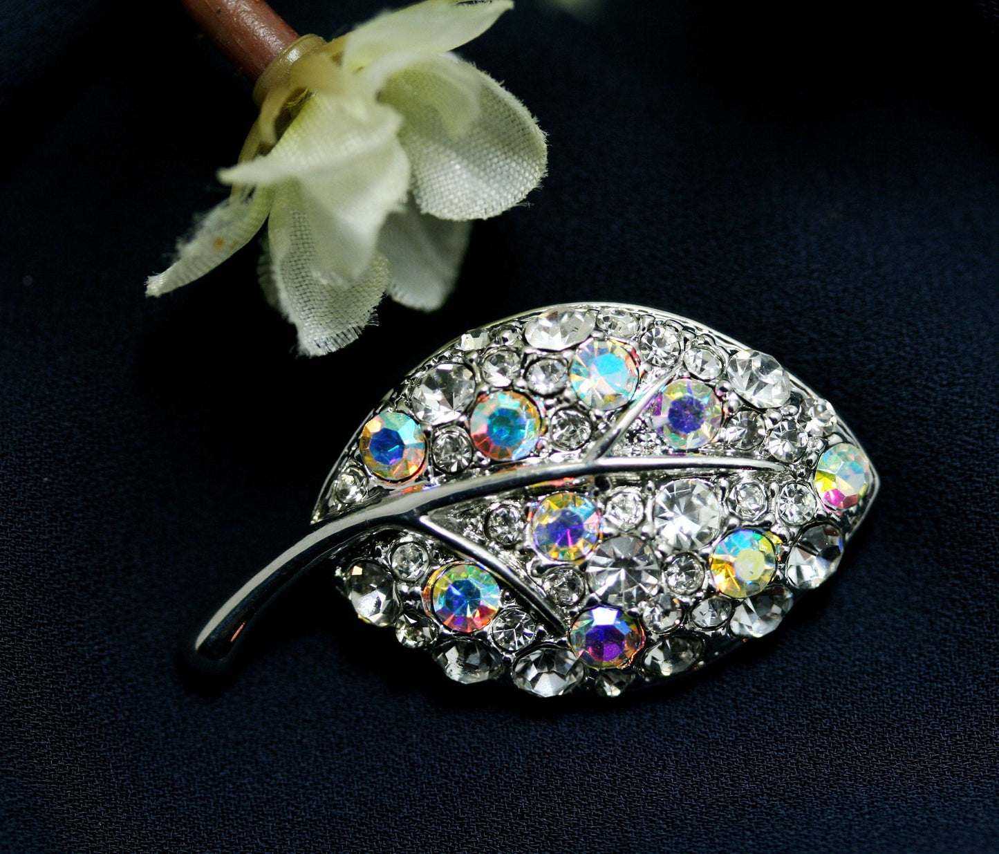 Aurora Crystal Rhinestone Two-tone Floral Leaf Brooch Pin