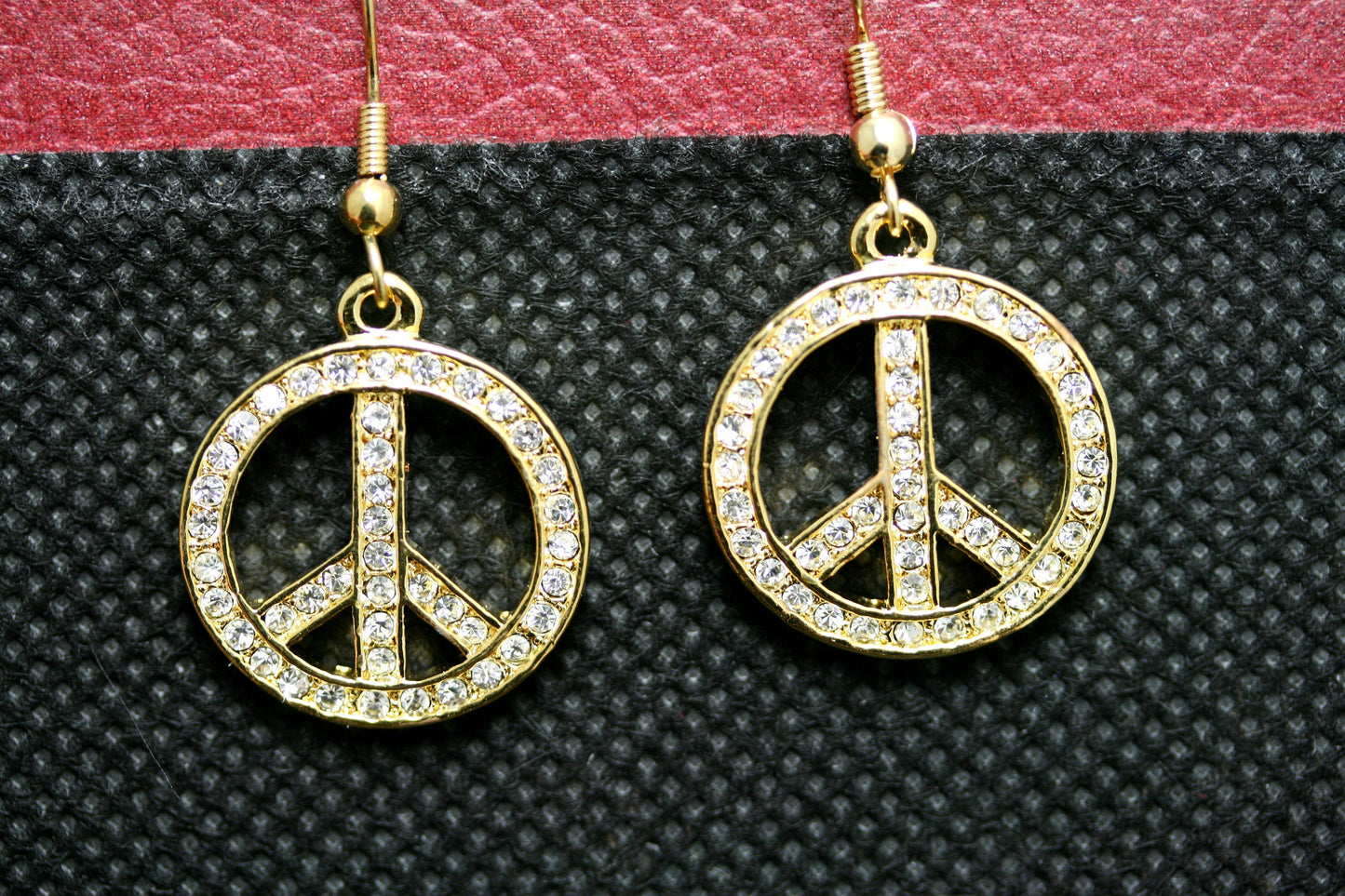 Gold Tone Crystal Peace Sign Drop Earrings, Rhinestone Peace sign France Hook Drop Earrings