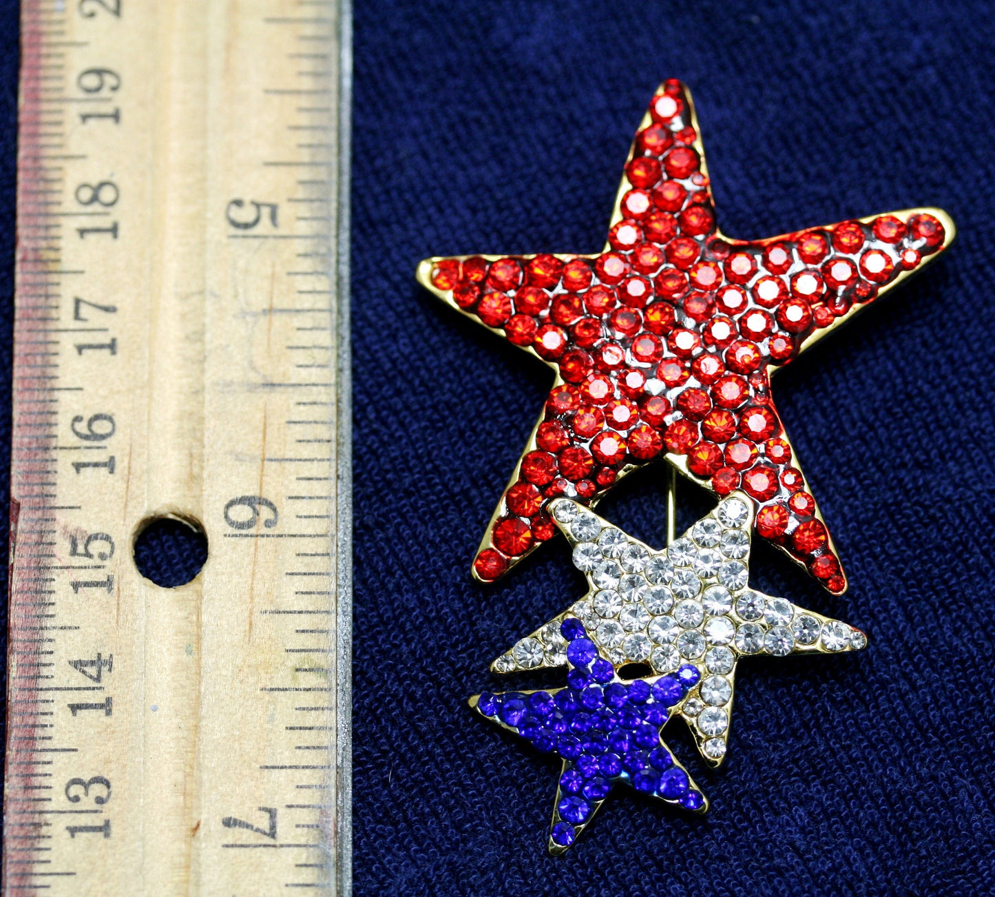 Rhinestone USA Patriotic Star Brooch and Red White Blue Shooting Star Post Earring, US Patriotic Jewelry Set Gift