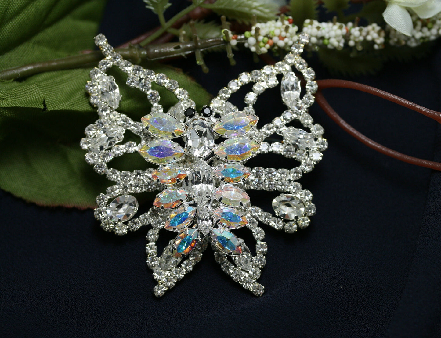 Antique Silver Rhodium Rhinestone Accent Butterfly Brooch, Fashion Statement Butterfly Brooch Pin