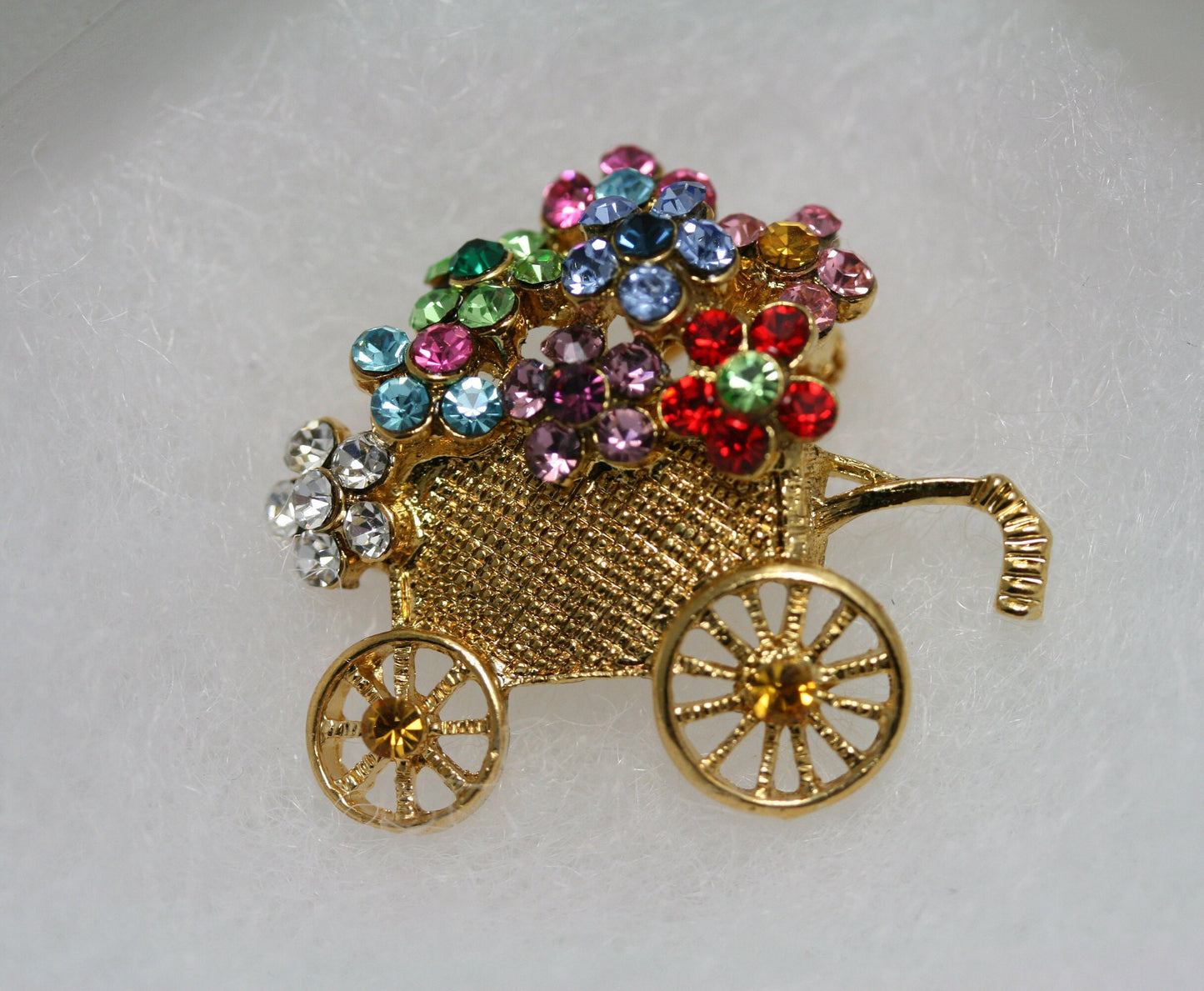 Antique silver and Gold Textured Flower Cart Pin Brooch, Textured Cart Of Flowers Design, Spring Flower Basket Brooch Pin