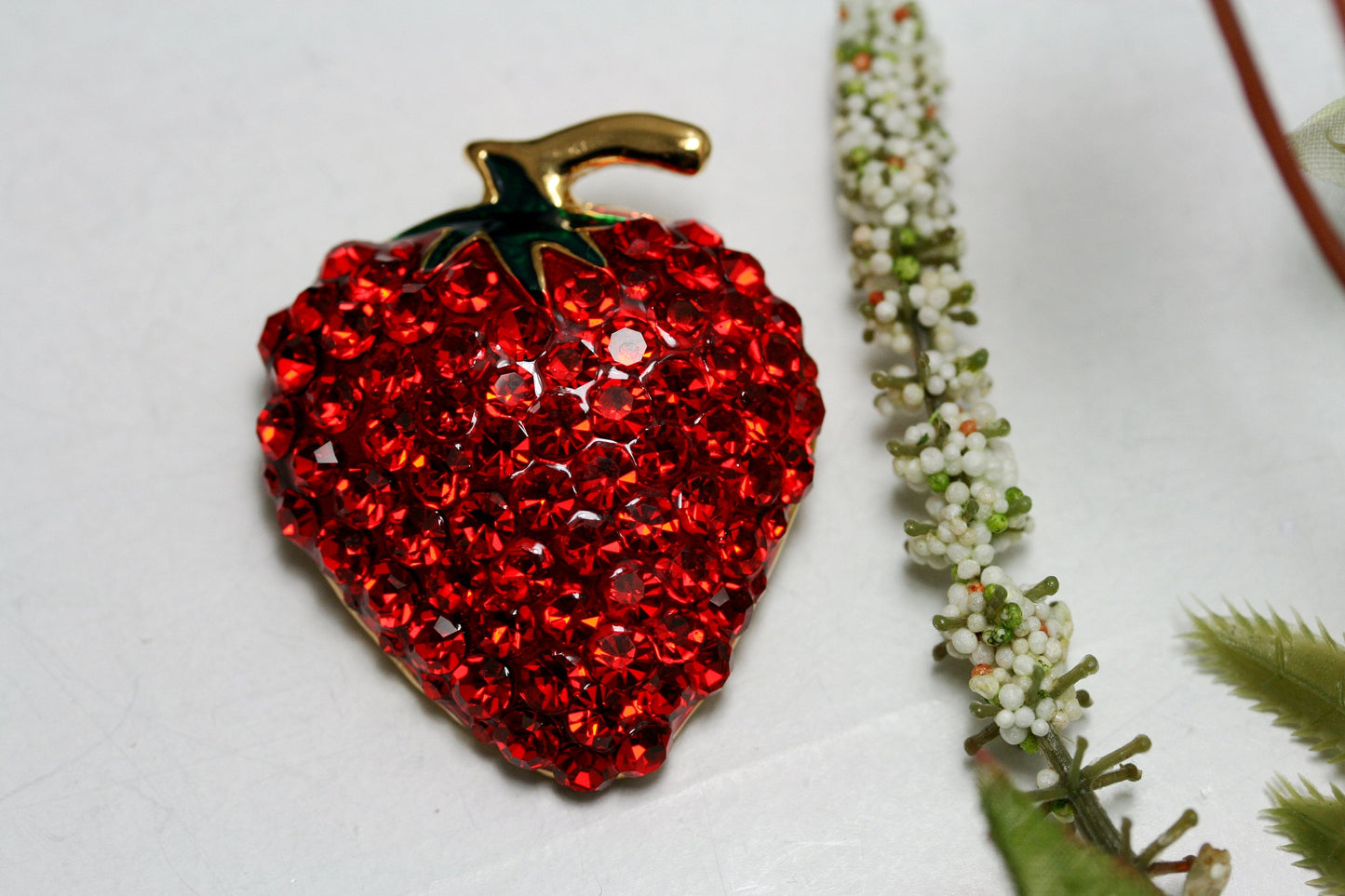 Enamel & Crystal Strawberry Brooch Pin and Pendant, Fruit Ruby Red Crystal Strawberry Brooch, Fruit Pin