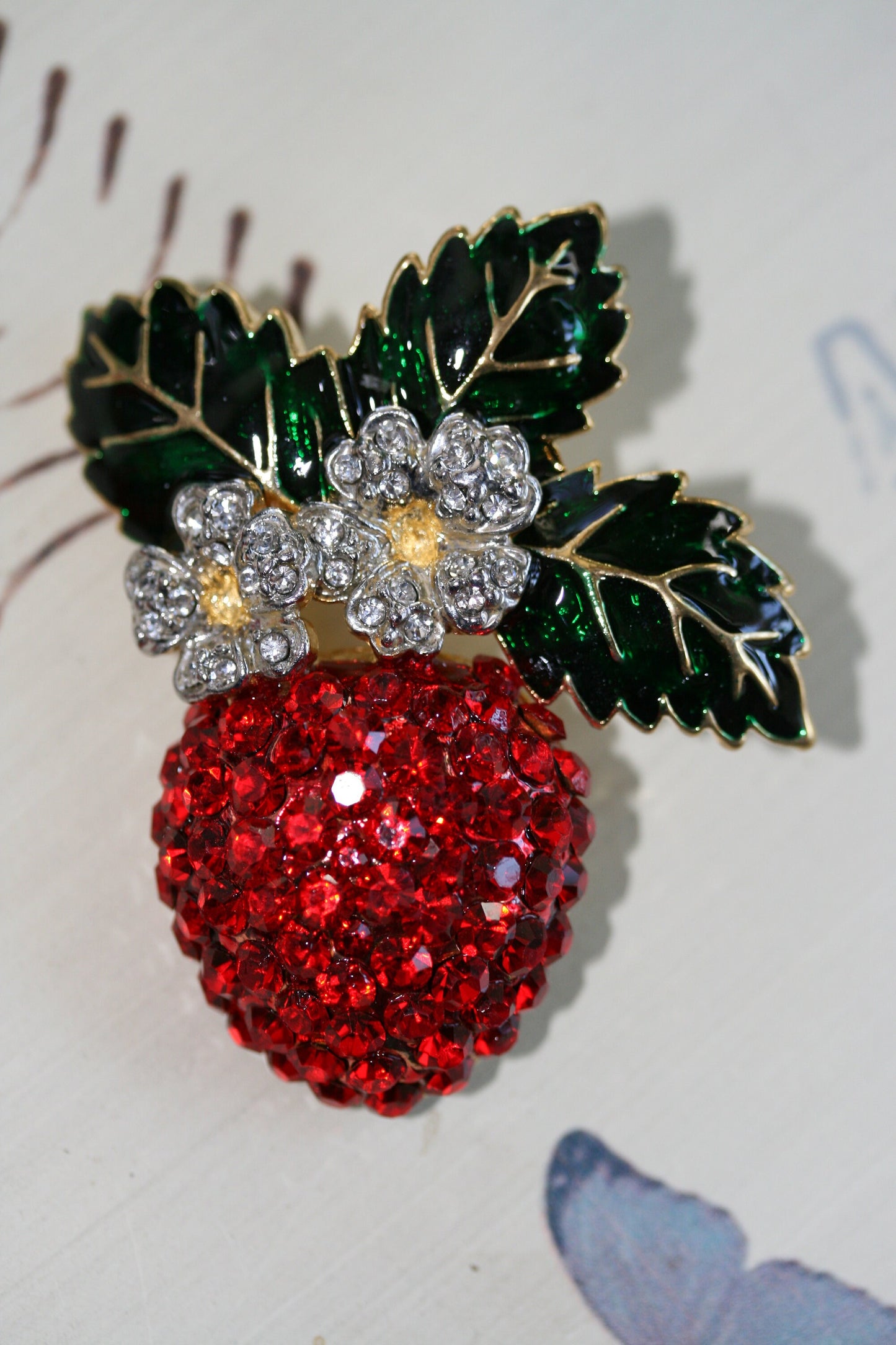 Enamel & Crystal Strawberry Brooch Pin, Fruit Ruby Red Crystal Strawberry Brooch, Fruit Pin
