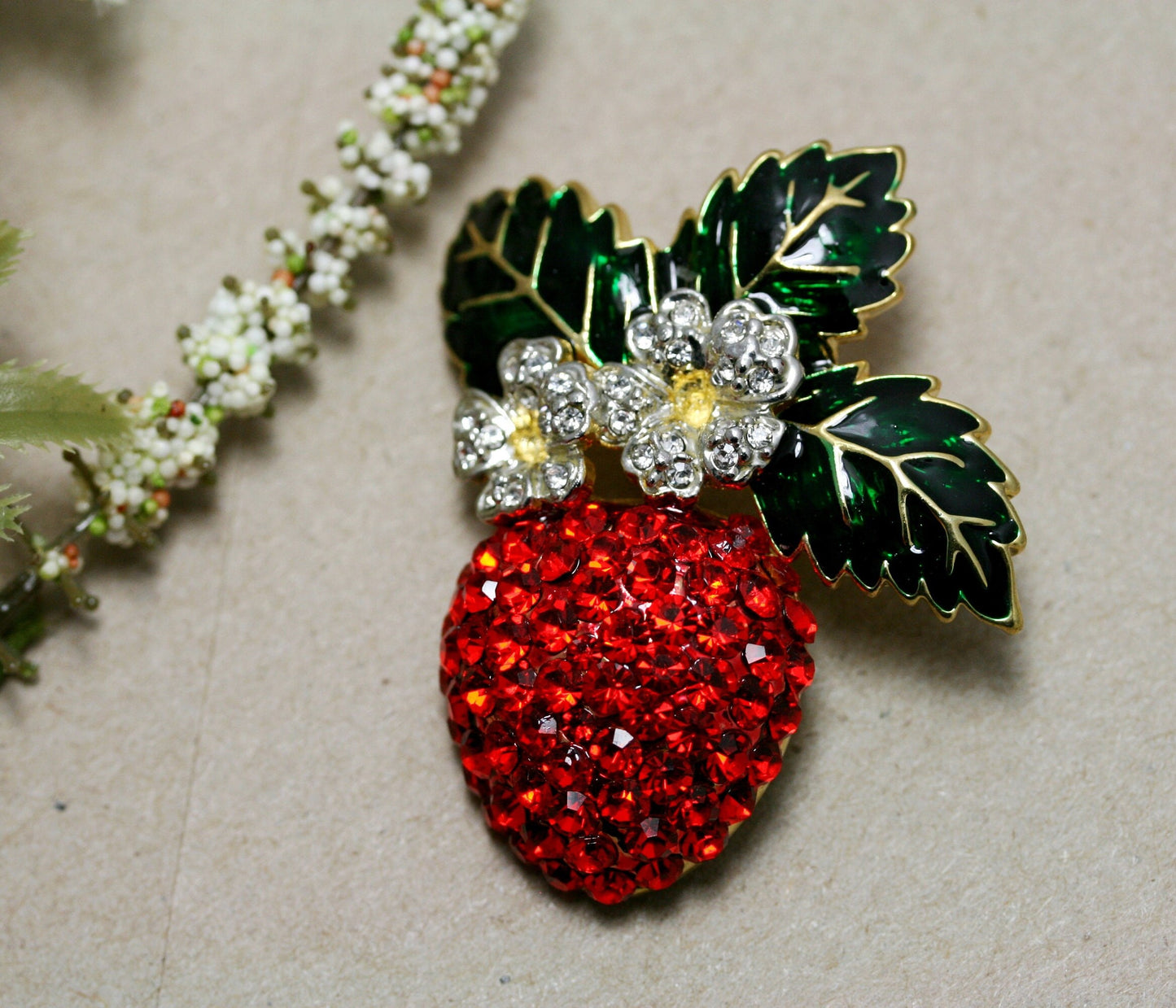 Enamel & Crystal Strawberry Brooch Pin, Fruit Ruby Red Crystal Strawberry Brooch, Fruit Pin
