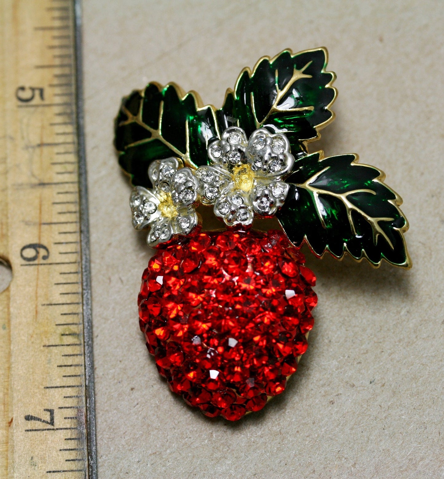 Enamel & Crystal Strawberry Brooch Pin, Fruit Ruby Red Crystal Strawberry Brooch, Fruit Pin