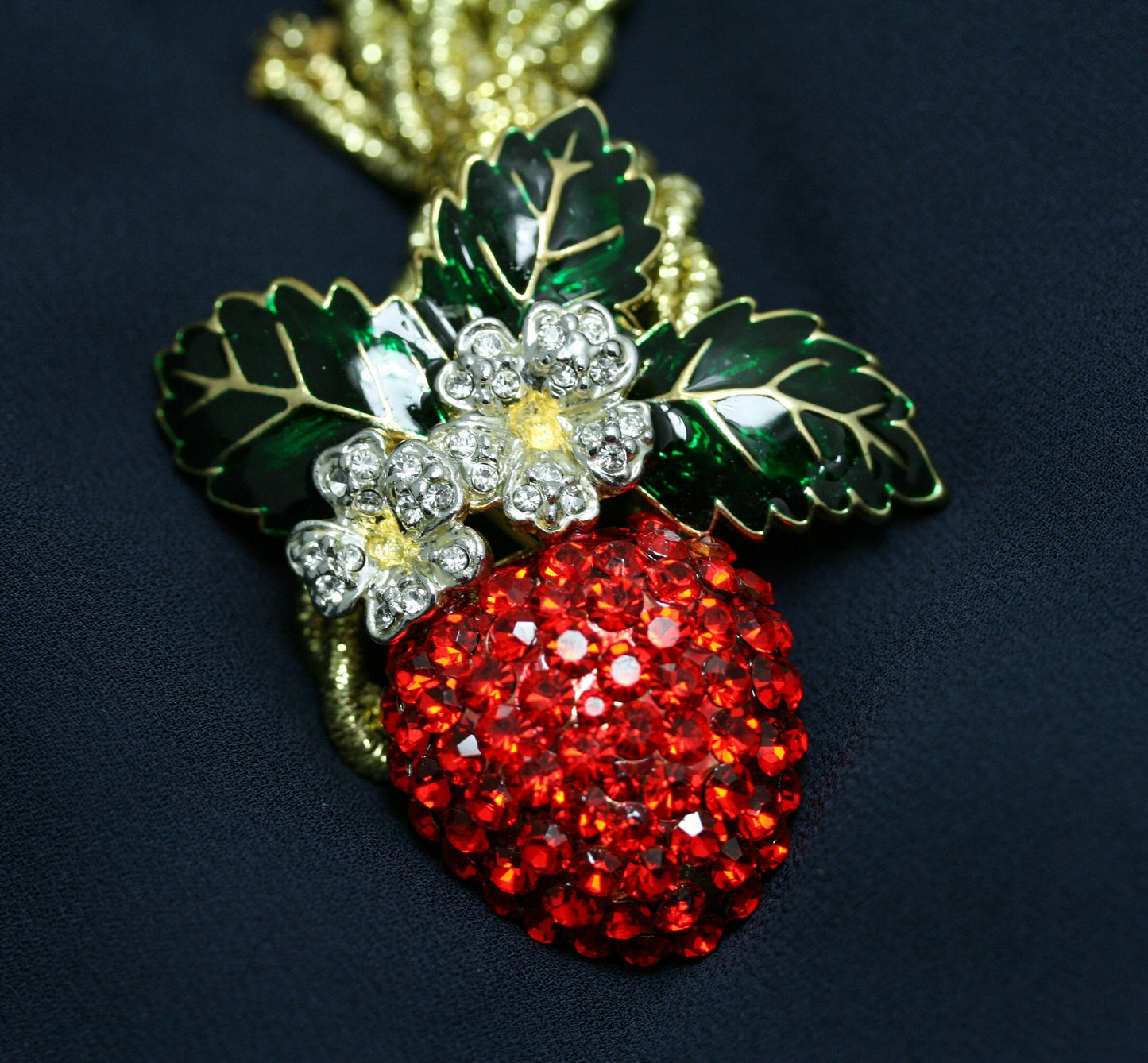 Enamel & Crystal Strawberry Brooch Pin, Fruit Ruby Red Crystal Strawberry Brooch, Fruit Pin