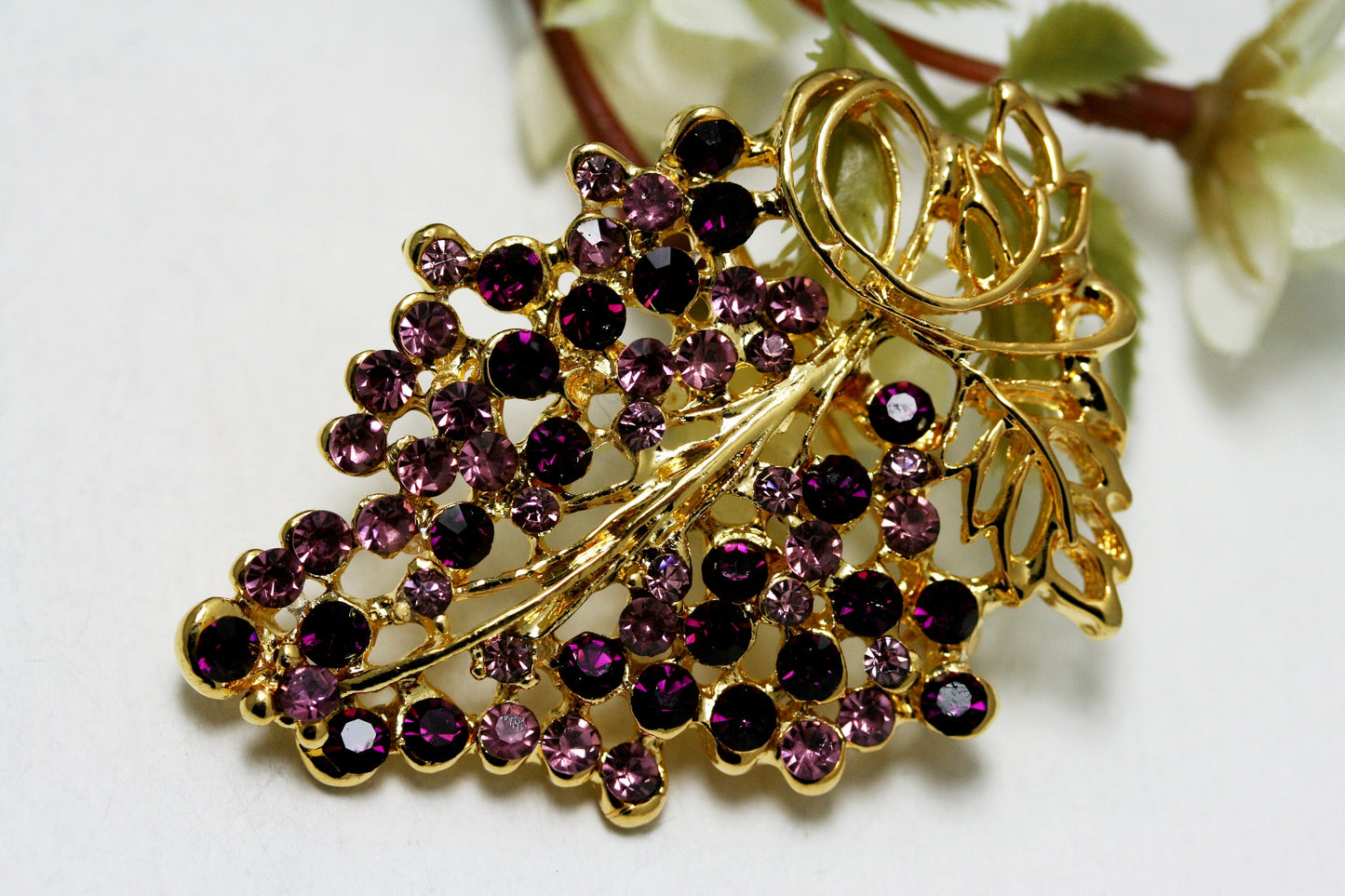 Vintage Grapes on Vine Brooch Pin Gold Tone Purple Rhinestone Grapes Statement Brooch