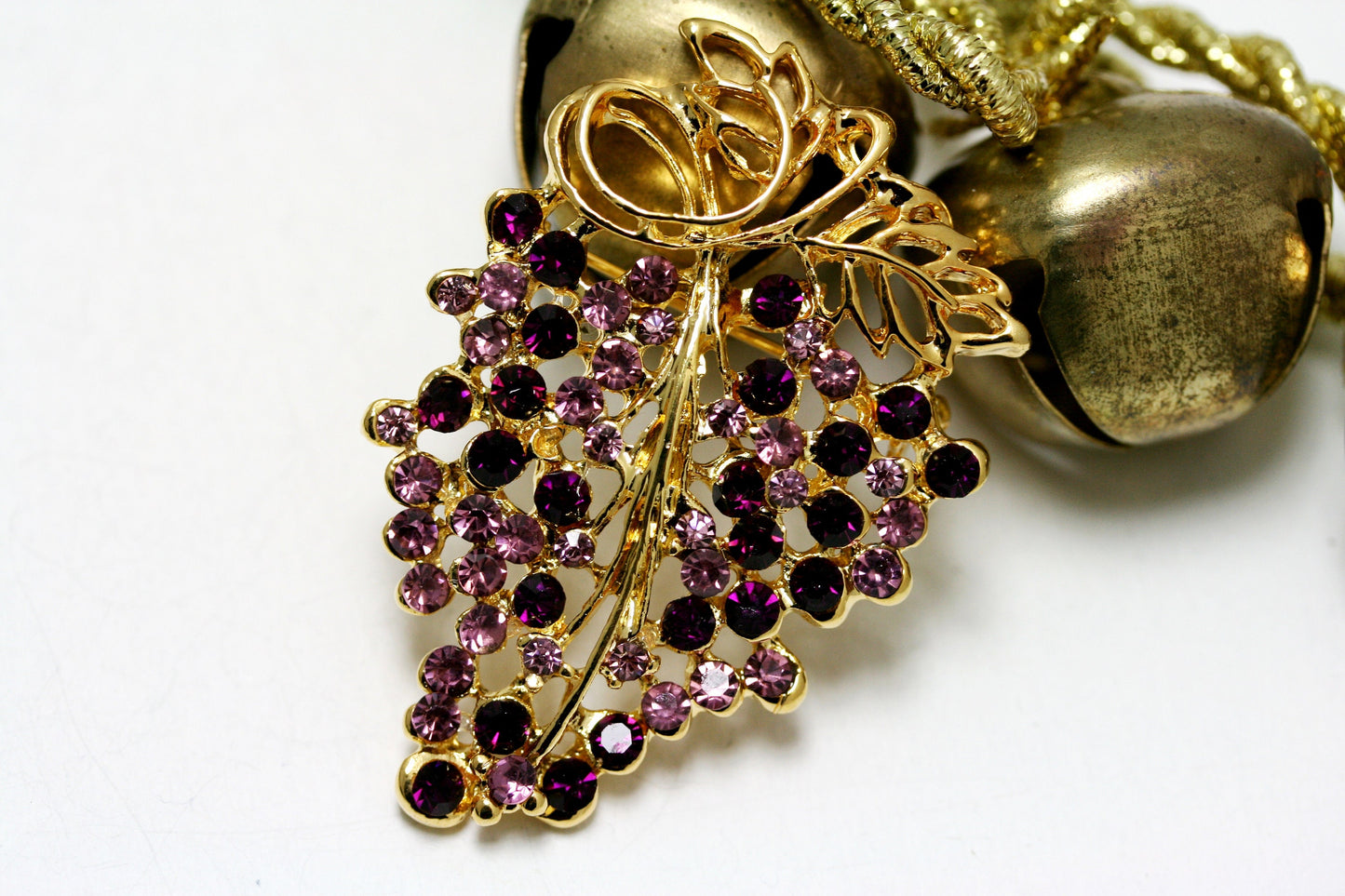 Vintage Grapes on Vine Brooch Pin Gold Tone Purple Rhinestone Grapes Statement Brooch