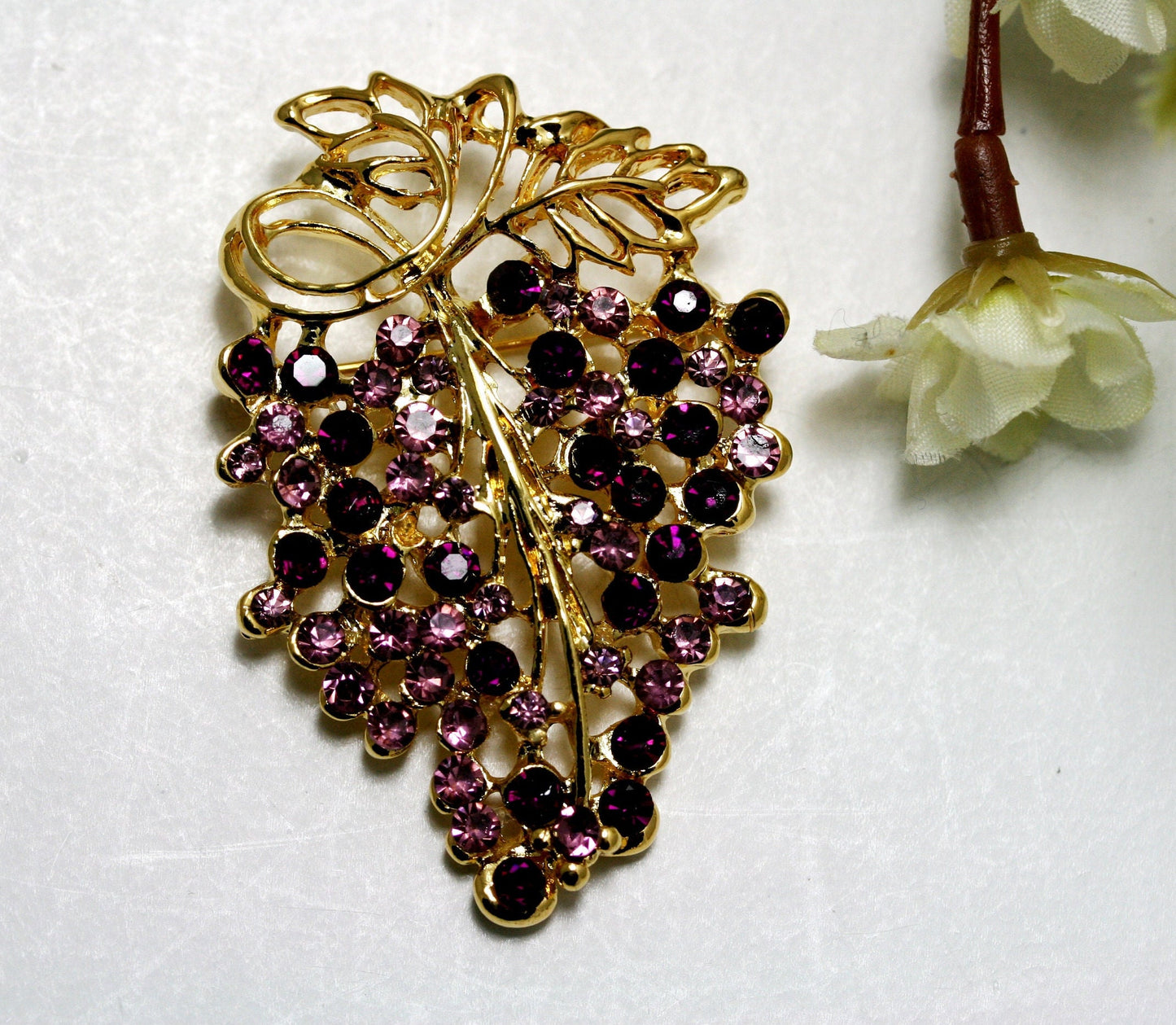Vintage Grapes on Vine Brooch Pin Gold Tone Purple Rhinestone Grapes Statement Brooch