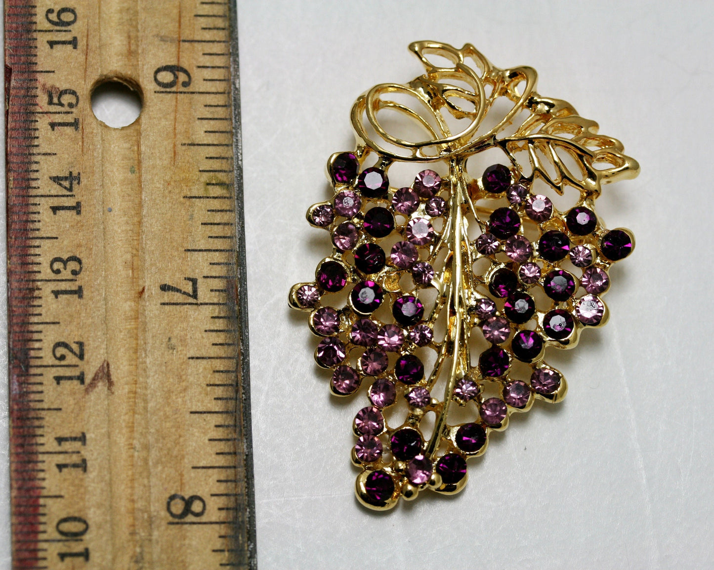 Vintage Grapes on Vine Brooch Pin Gold Tone Purple Rhinestone Grapes Statement Brooch