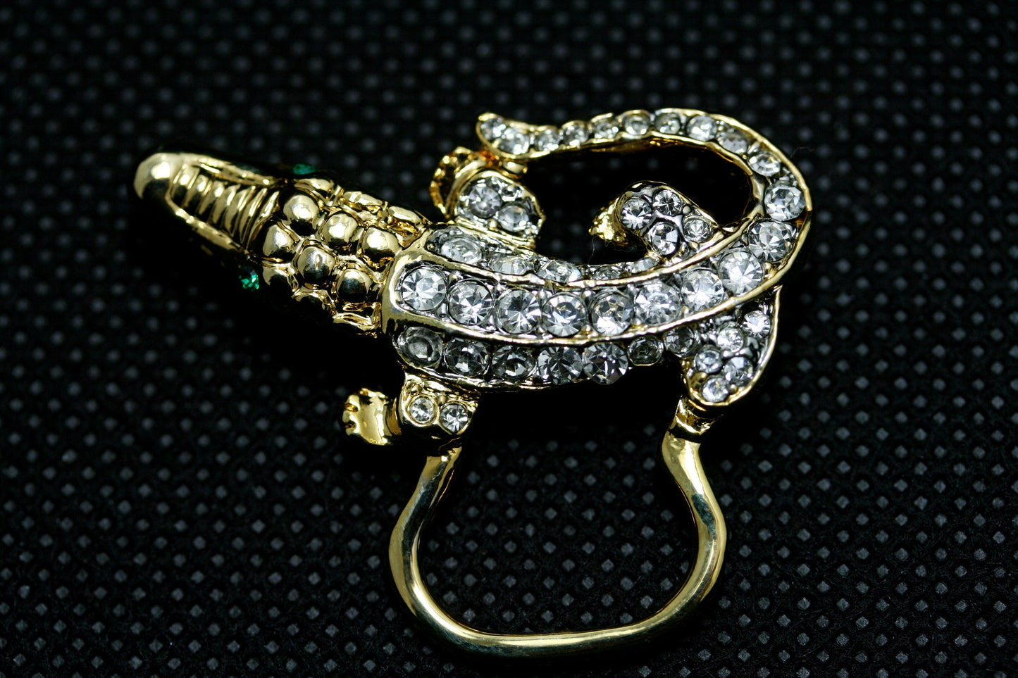 Vintage Jewelry Gold Tone and Rhinestone Alligator Pin Brooch, Eye Glasses Holder, Crocodile Brooch, Animal Brooch, Lizard Brooch