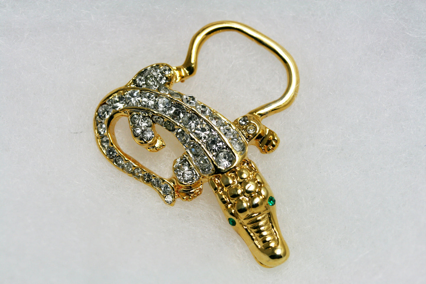 Vintage Jewelry Gold Tone and Rhinestone Alligator Pin Brooch, Eye Glasses Holder, Crocodile Brooch, Animal Brooch, Lizard Brooch
