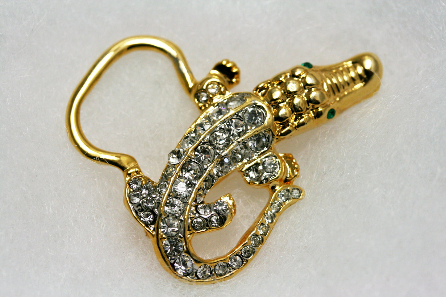 Vintage Jewelry Gold Tone and Rhinestone Alligator Pin Brooch, Eye Glasses Holder, Crocodile Brooch, Animal Brooch, Lizard Brooch