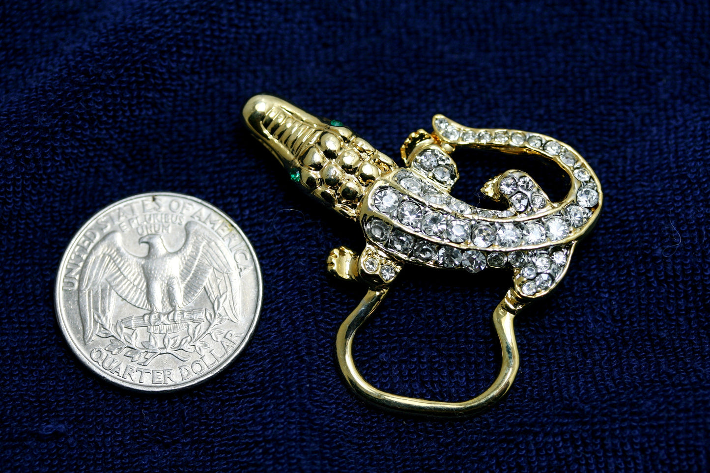 Vintage Jewelry Gold Tone and Rhinestone Alligator Pin Brooch, Eye Glasses Holder, Crocodile Brooch, Animal Brooch, Lizard Brooch