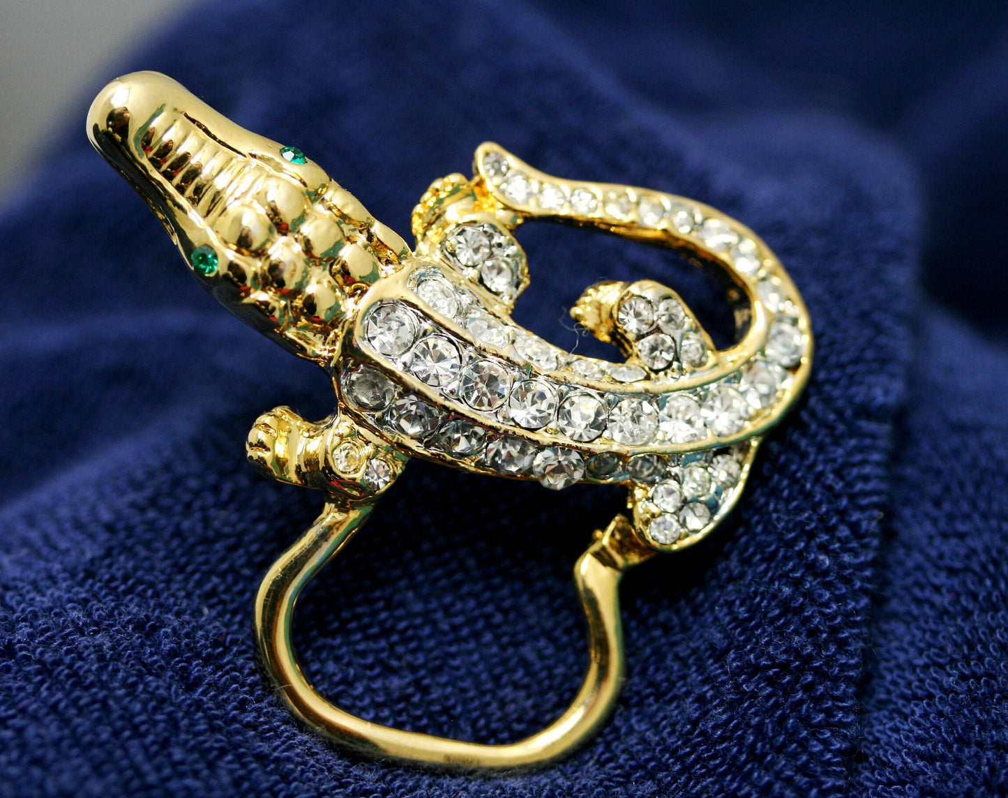 Vintage Jewelry Gold Tone and Rhinestone Alligator Pin Brooch, Eye Glasses Holder, Crocodile Brooch, Animal Brooch, Lizard Brooch