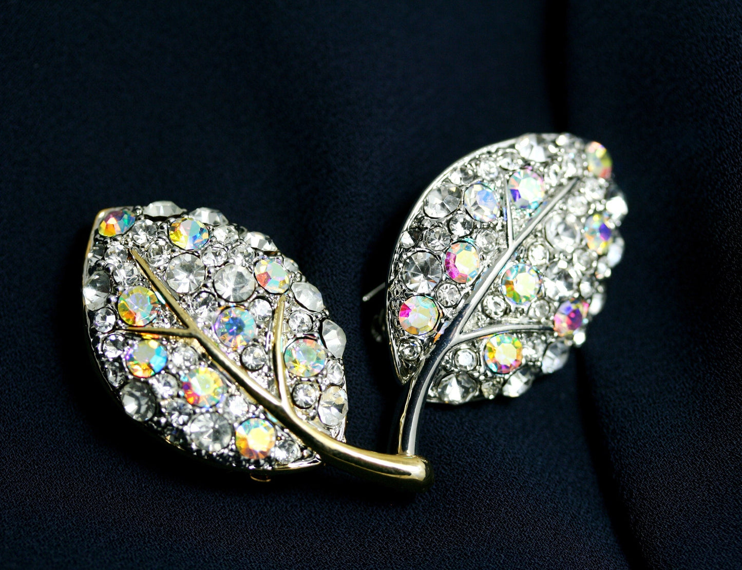 Aurora Crystal Rhinestone Two-tone Floral Leaf Brooch Pin
