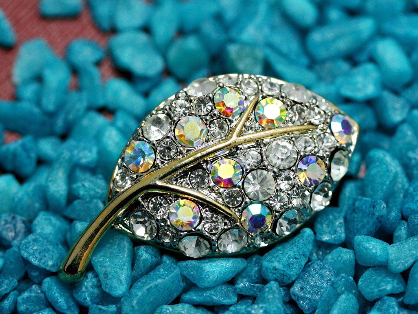 Aurora Crystal Rhinestone Two-tone Floral Leaf Brooch Pin