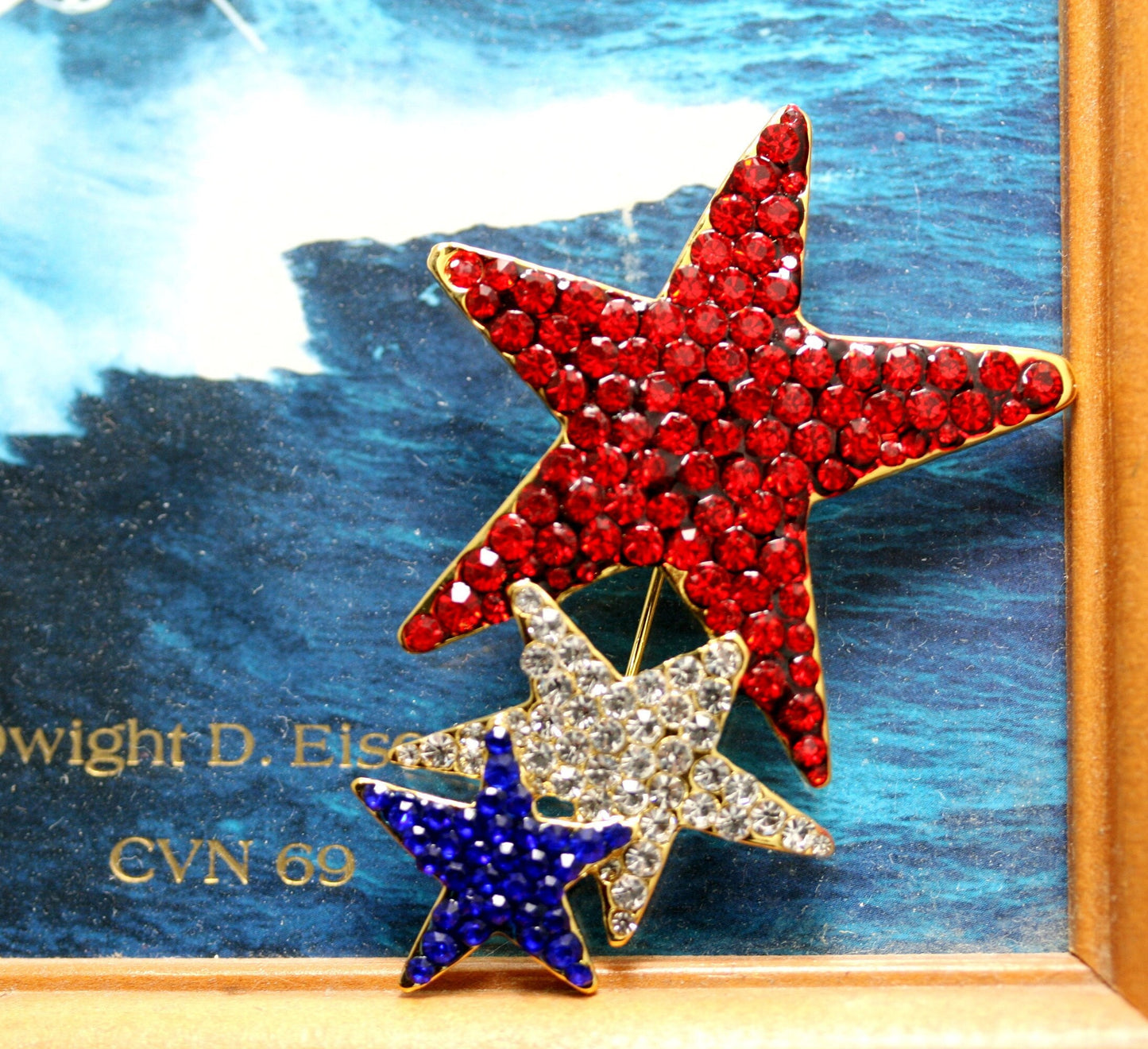Rhinestone USA Patriotic Star Brooch and Red White Blue Shooting Star Post Earring, US Patriotic Jewelry Set Gift