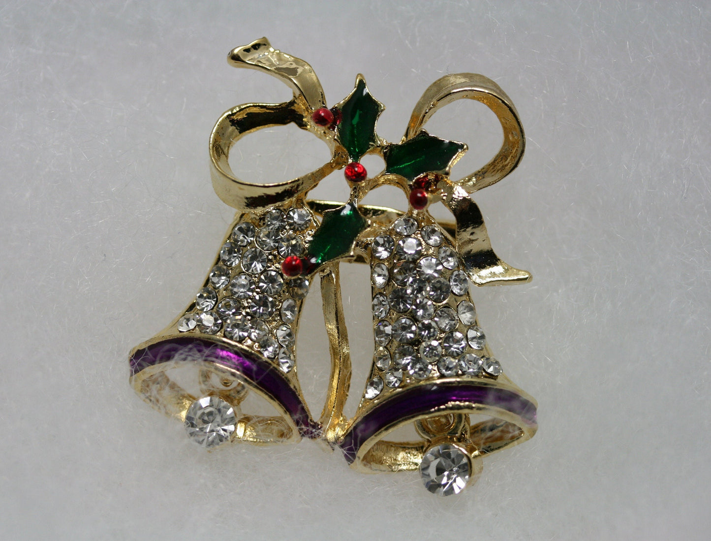 Vintage Rhinestone Double Bell Bowknot Brooch Pin for Xmas Gift, Christmas Jewelry, Holiday Holly Christmas Bells