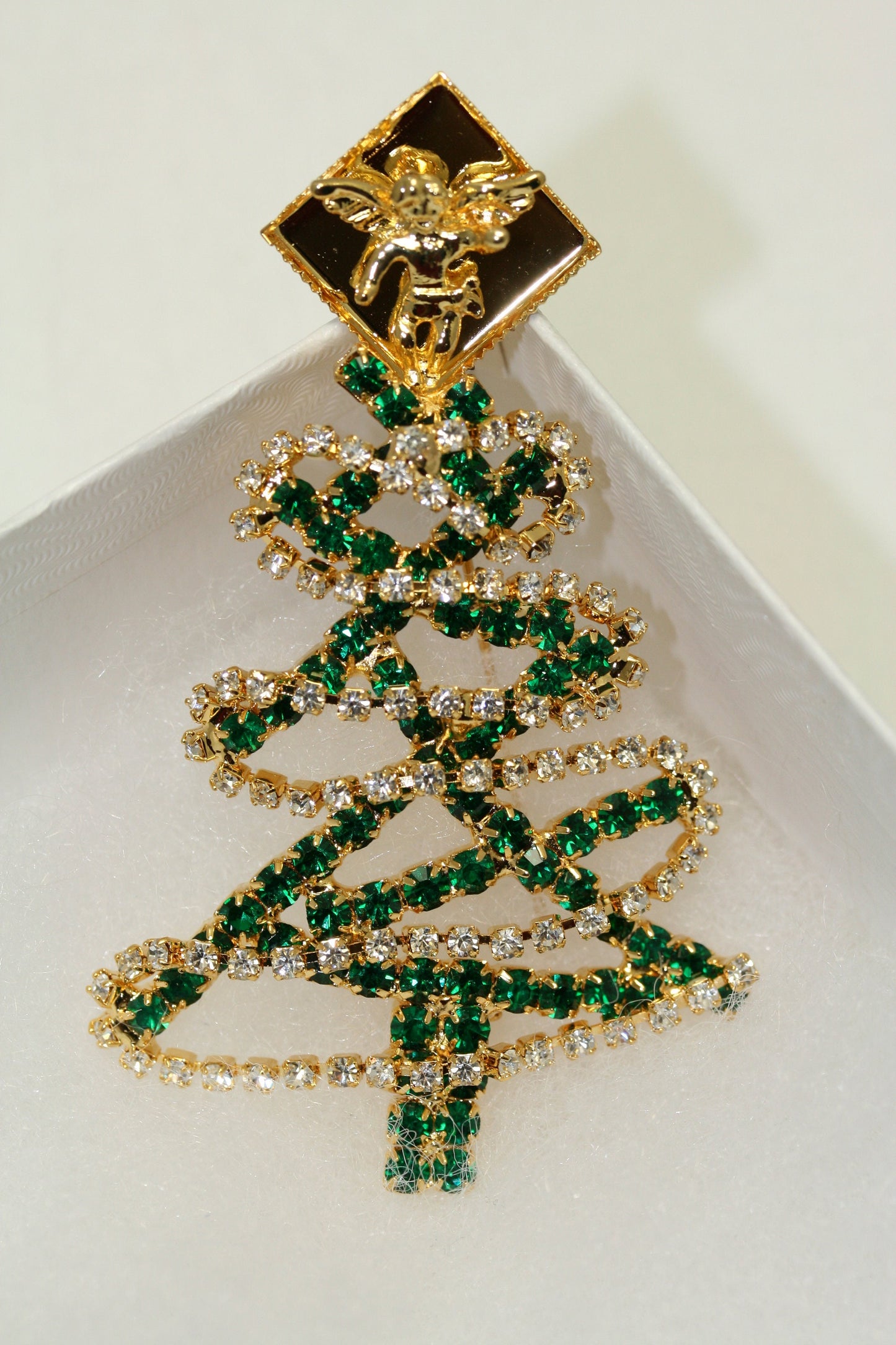 Vintage Rhinestone Christmas Tree Pin Brooch Angel Topper