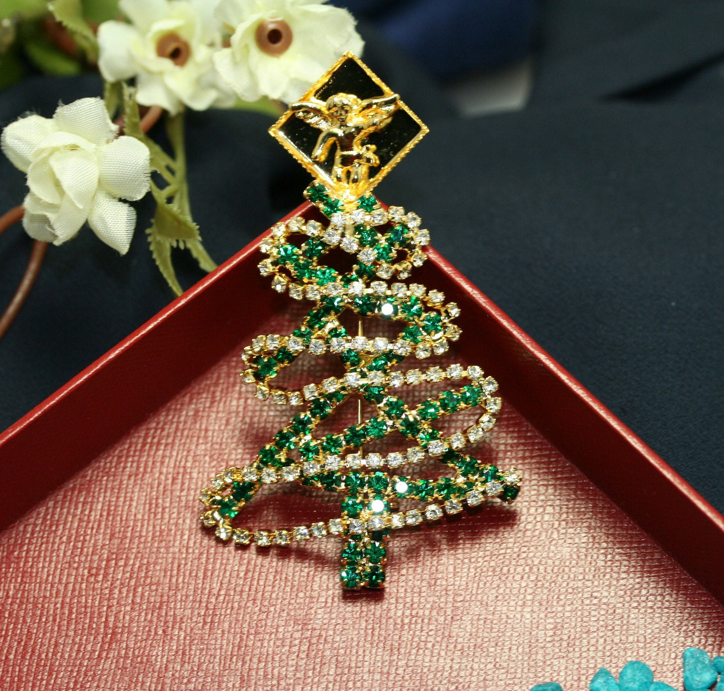Vintage Rhinestone Christmas Tree Pin Brooch Angel Topper