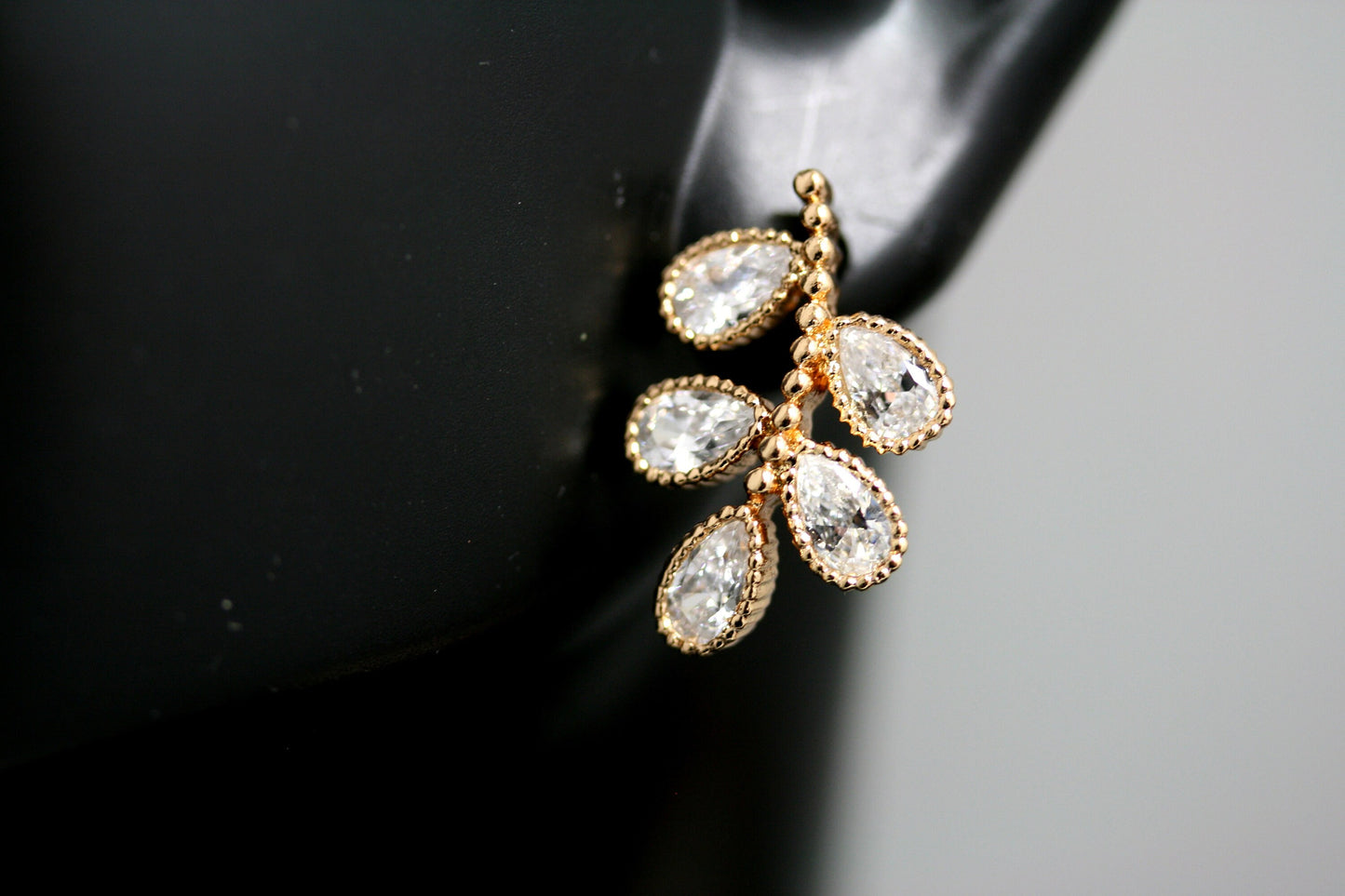 Leaf Stud Earrings with Zircon Gemstones, Rose Gold Leaf Flower Stud Earrings, CZ Rhinestone Minimalist Earrings