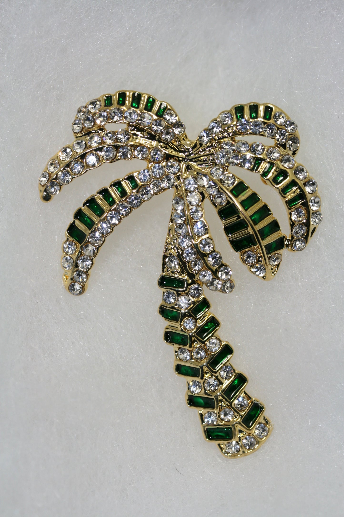 Vintage gold tone metal rhinestone palm tree brooch, Crystal palm tree pin