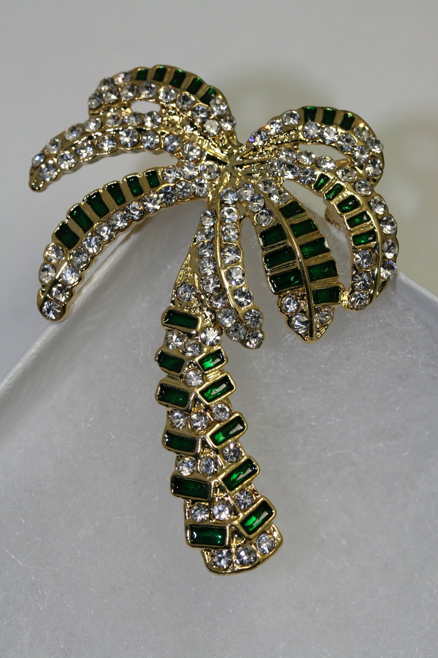 Vintage gold tone metal rhinestone palm tree brooch, Crystal palm tree pin