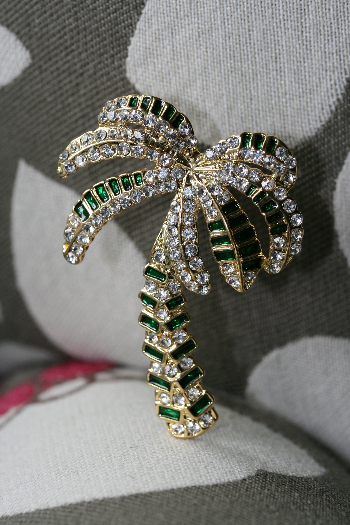 Vintage gold tone metal rhinestone palm tree brooch, Crystal palm tree pin