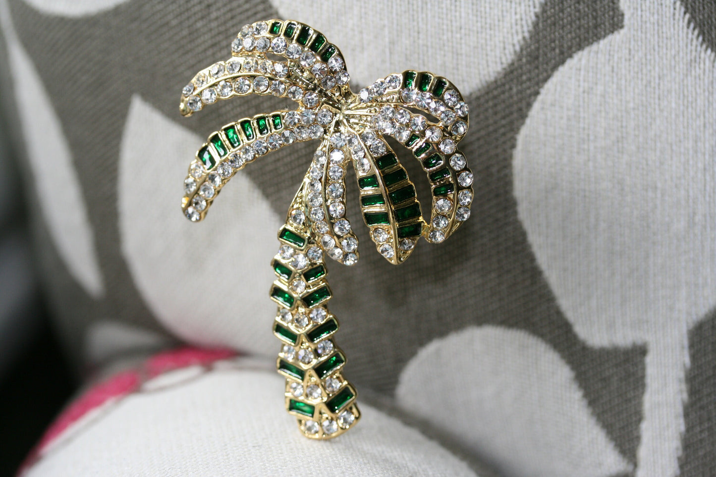 Vintage gold tone metal rhinestone palm tree brooch, Crystal palm tree pin