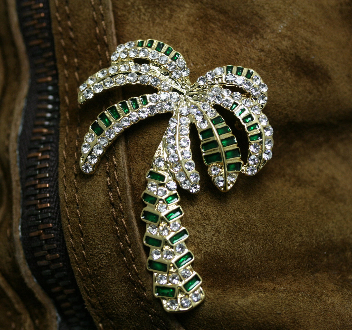 Vintage gold tone metal rhinestone palm tree brooch, Crystal palm tree pin