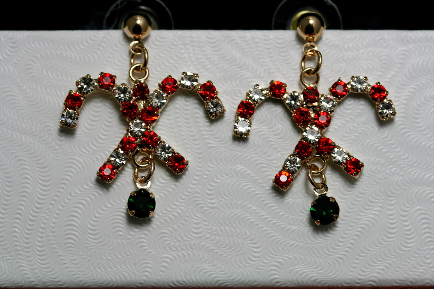 Gold-Tone Christmas Rhinestone Candy Cane Dangle Earrings, Holiday Gift Jewelry