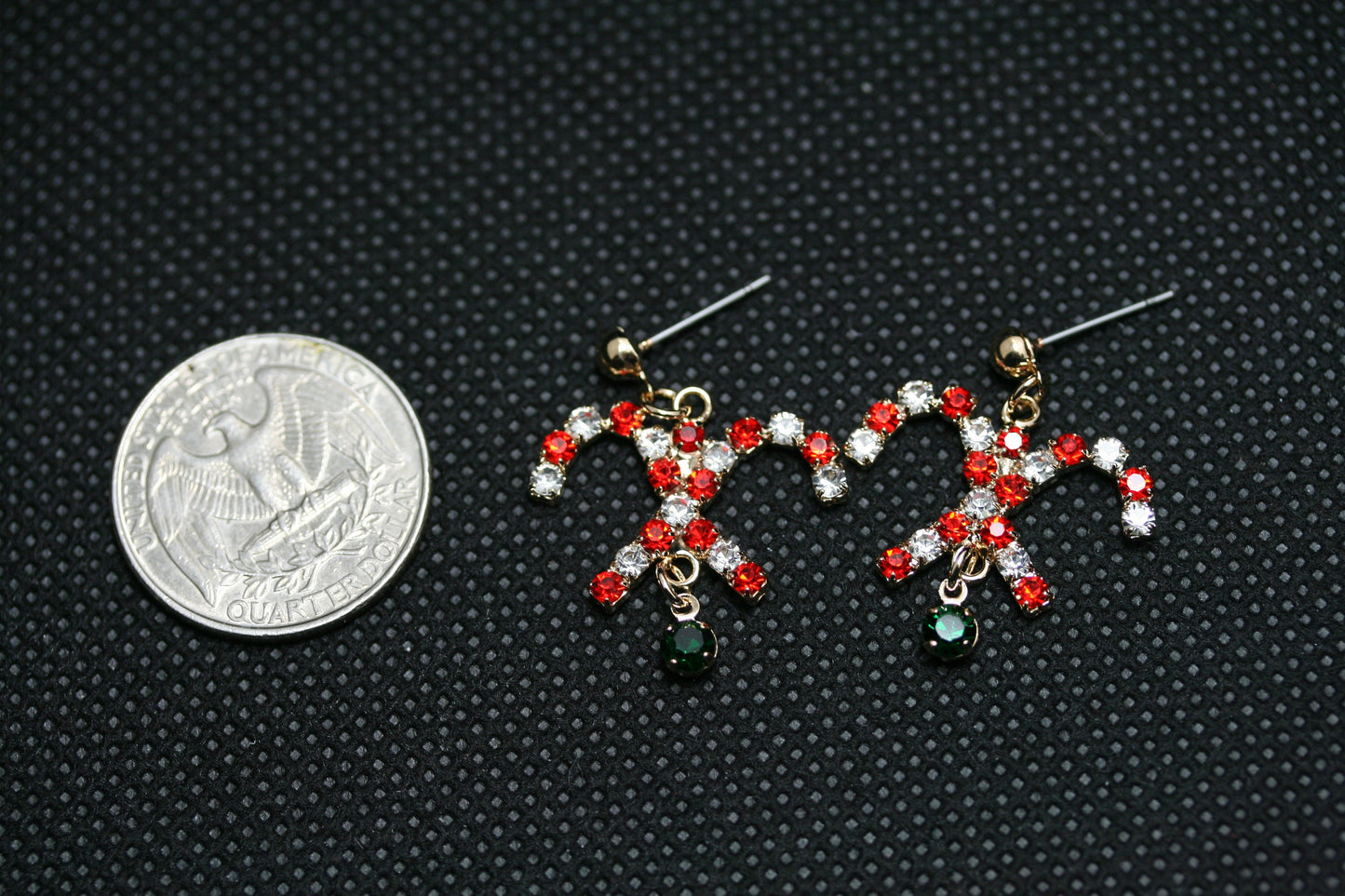 Gold-Tone Christmas Rhinestone Candy Cane Dangle Earrings, Holiday Gift Jewelry
