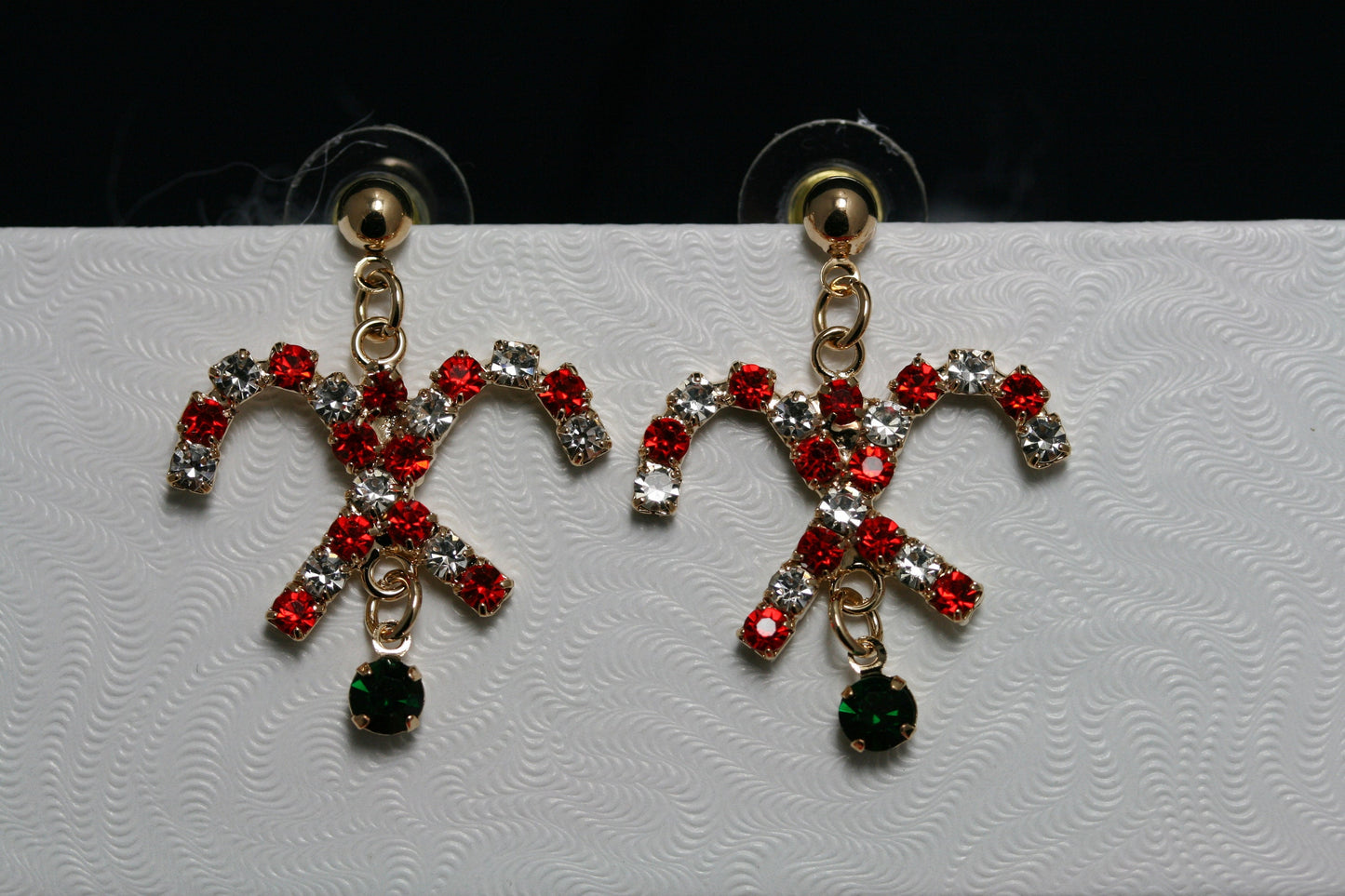 Gold-Tone Christmas Rhinestone Candy Cane Dangle Earrings, Holiday Gift Jewelry