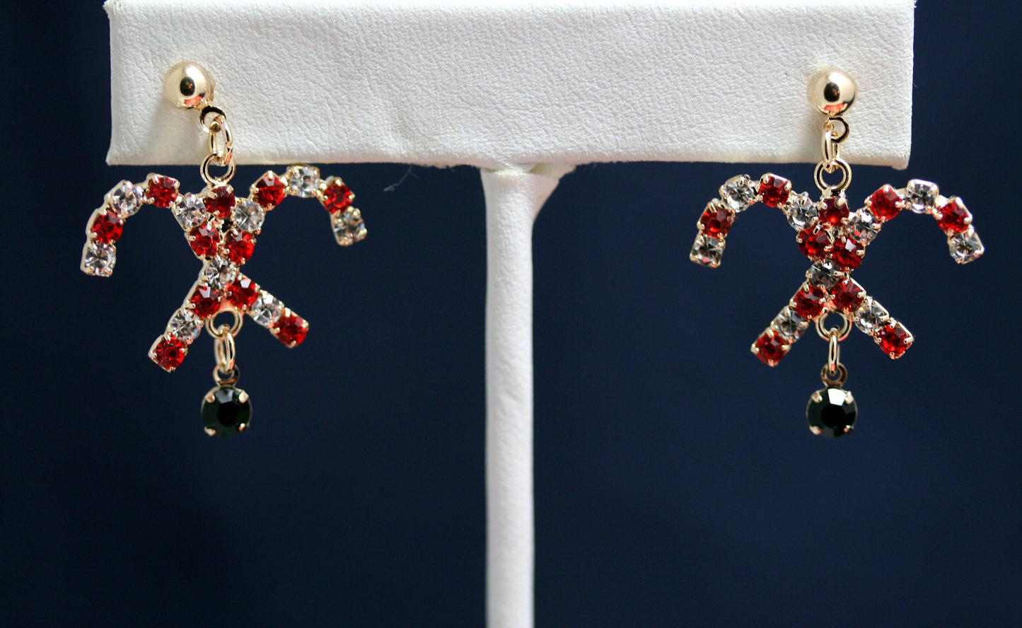 Gold-Tone Christmas Rhinestone Candy Cane Dangle Earrings, Holiday Gift Jewelry