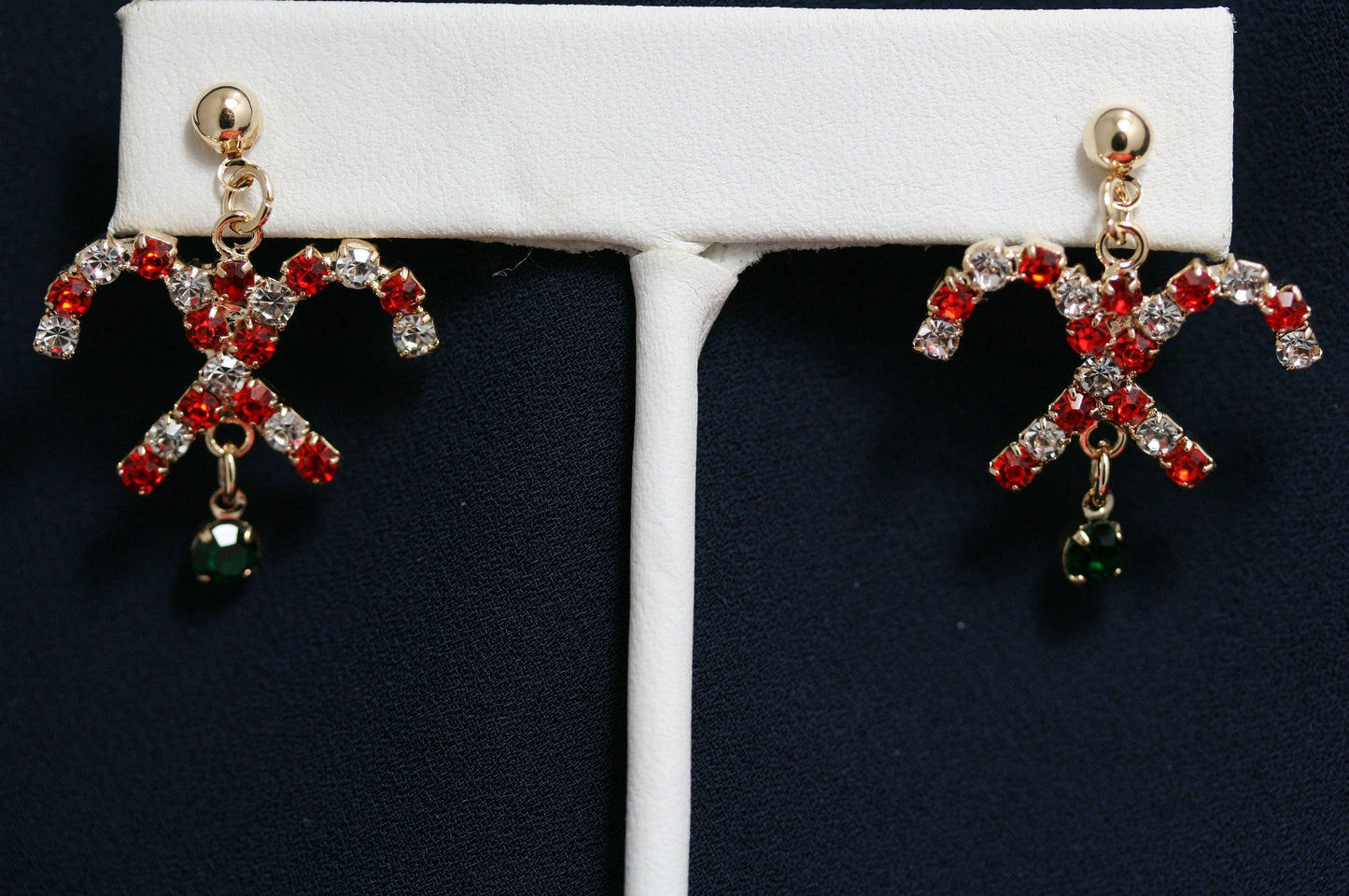 Gold-Tone Christmas Rhinestone Candy Cane Dangle Earrings, Holiday Gift Jewelry