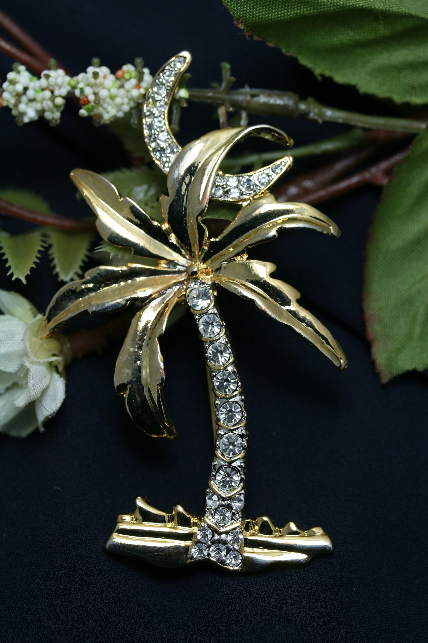 Vintage Rhinestone Palm Tree Pave Brooch Pin