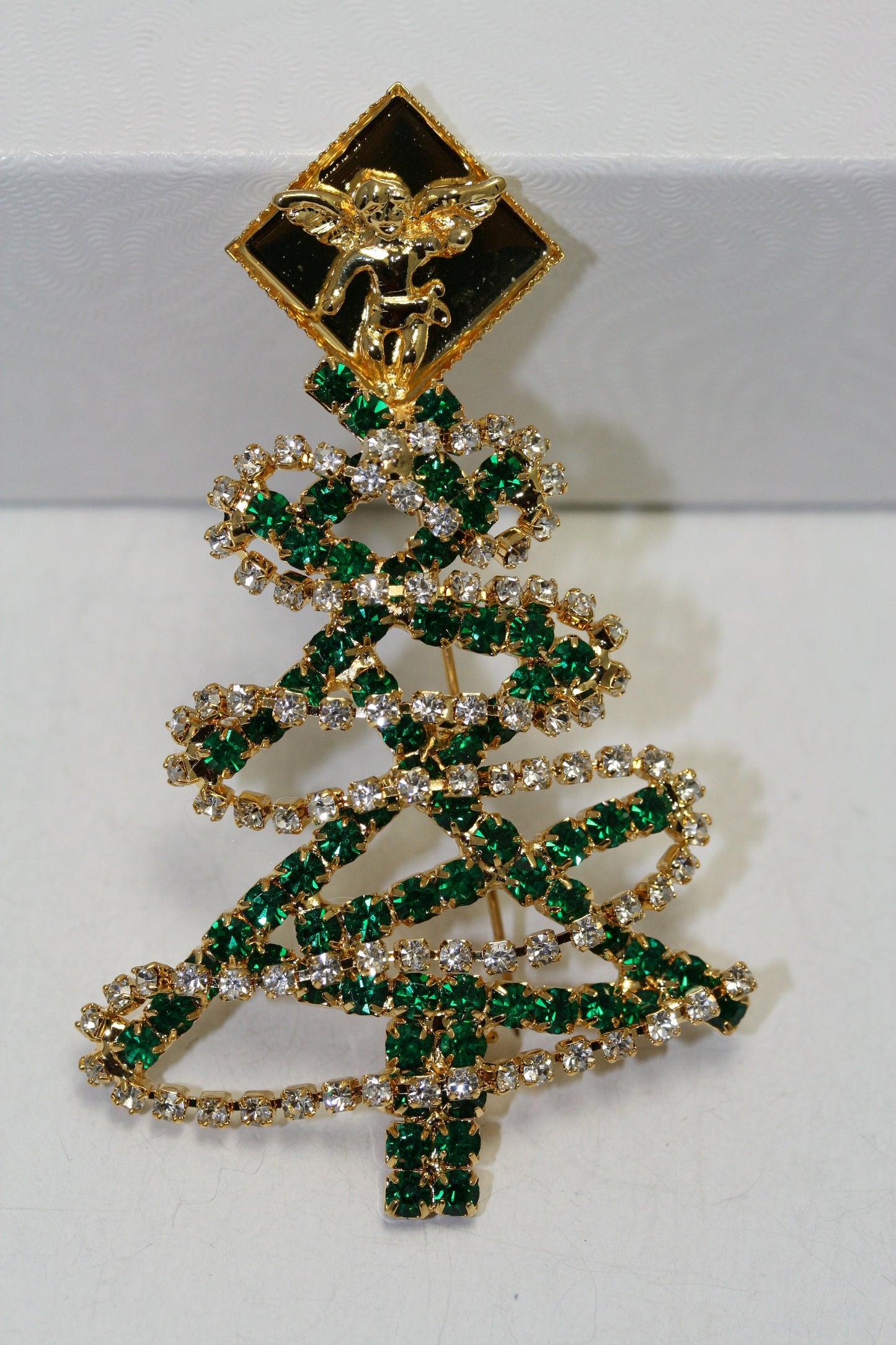 Vintage Rhinestone Christmas Tree Pin Brooch Angel Topper